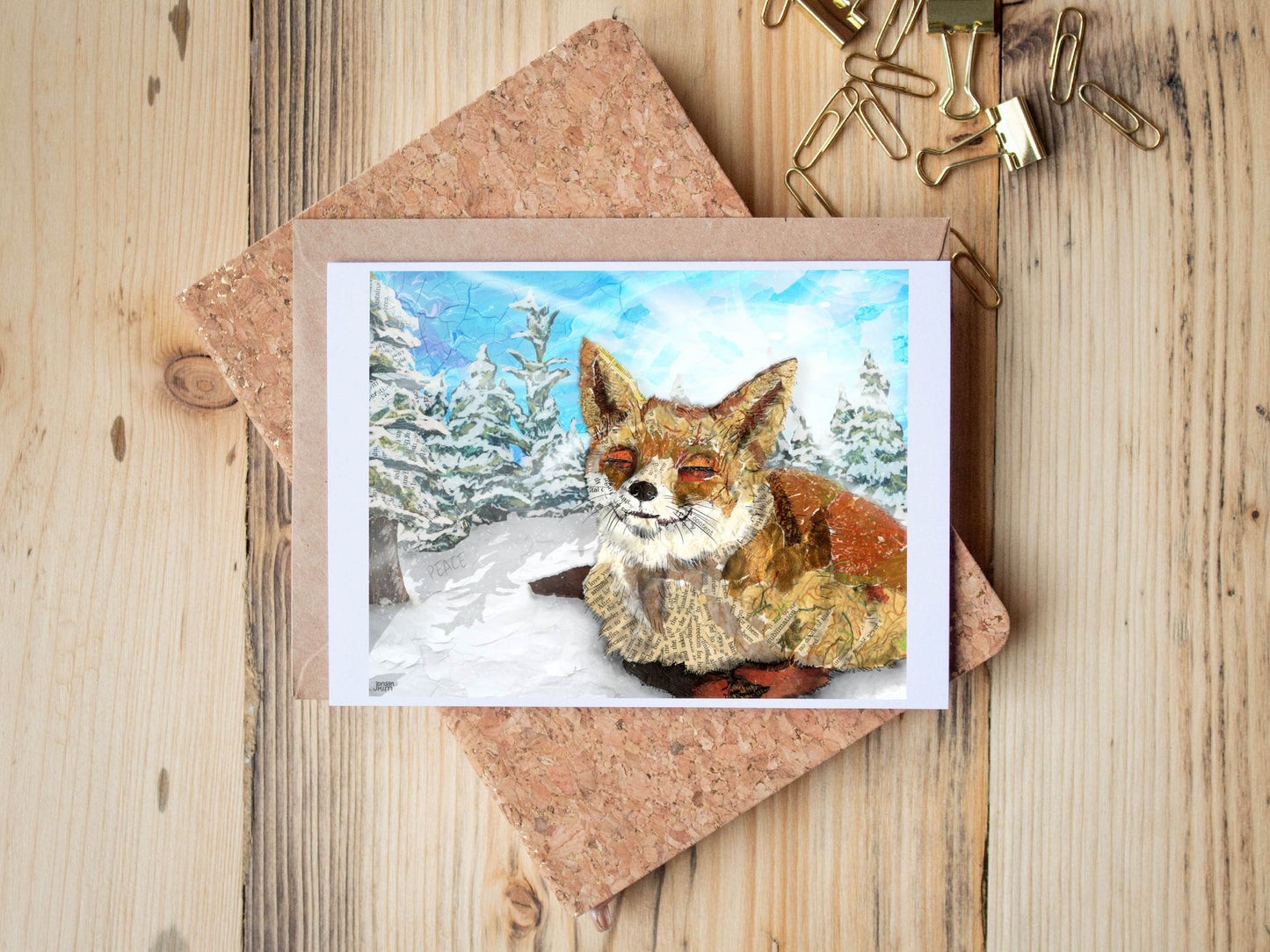 Greeting Card of mixed media collage of a fox smiling in the snow, winter sunshine - Blank Inside