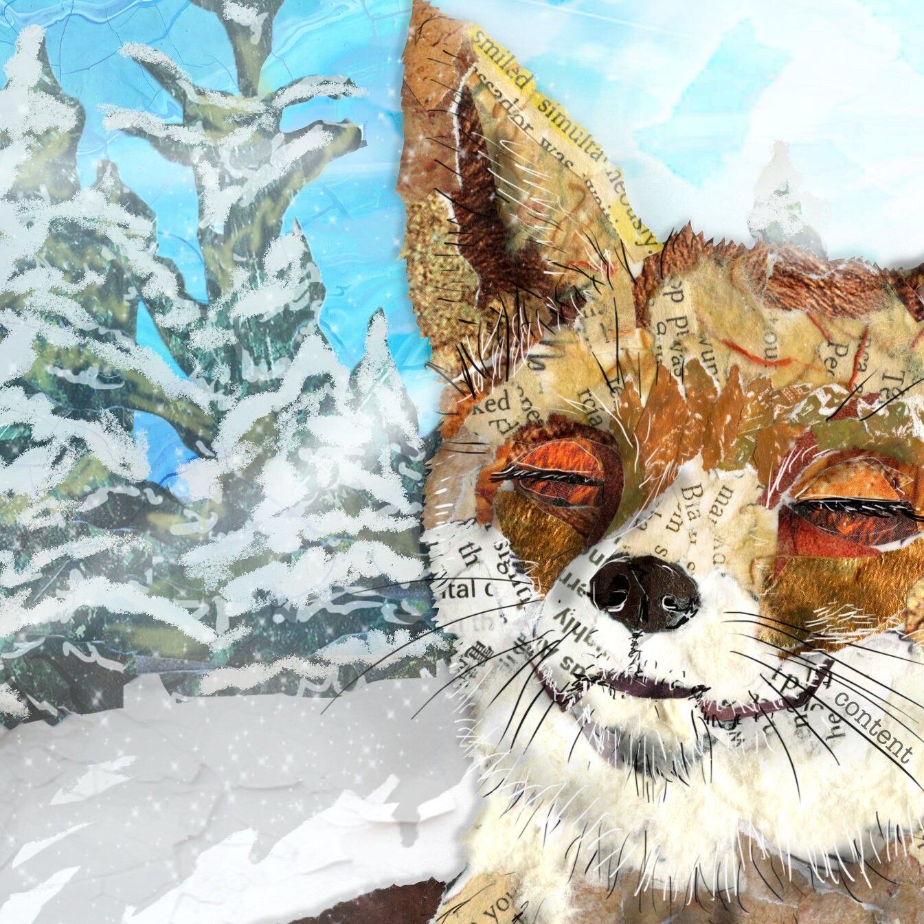 8x10 Art Print of a mixed media collage of a fox smiling in the snow, winter sunshine