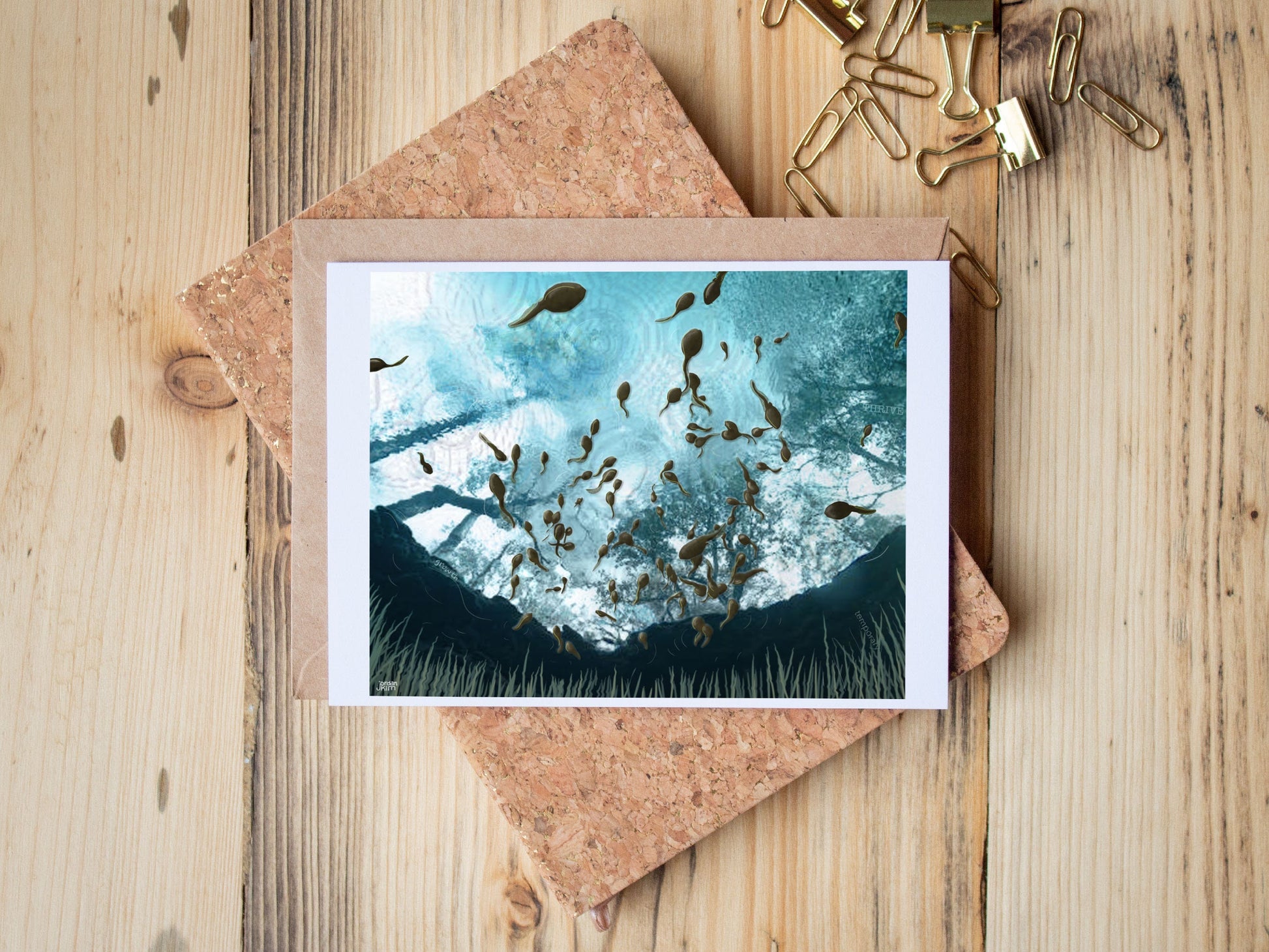 Greeting Card of mixed media collage of tadpoles as seen from below, vernal pool, water - Blank Inside