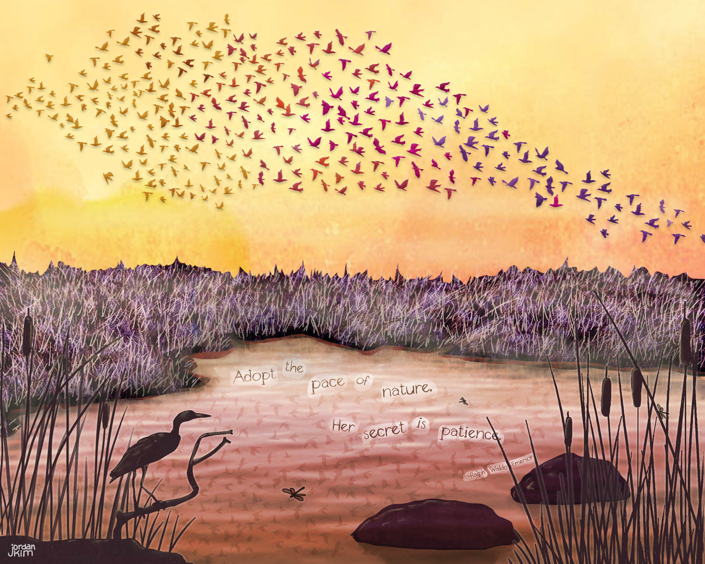 8x10 Art Print of a mixed media collage of a murmuration of birds over a wetland at sunset, heron