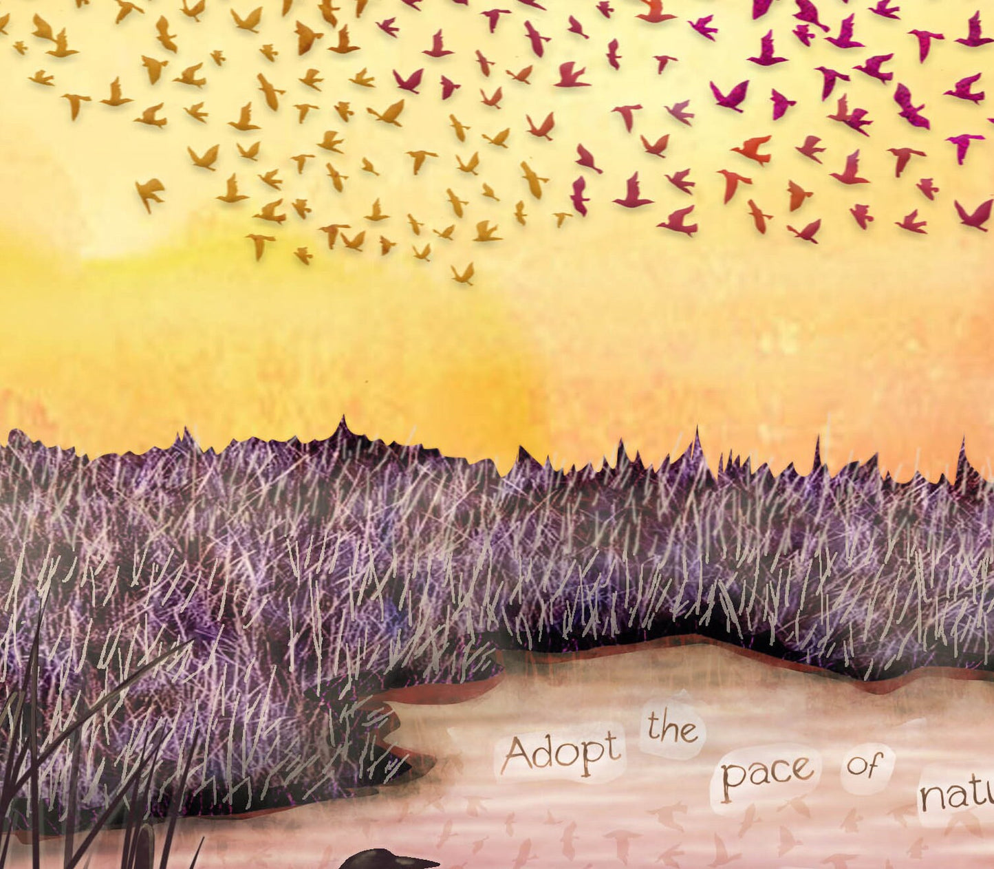 8x10 Art Print of a mixed media collage of a murmuration of birds over a wetland at sunset, heron