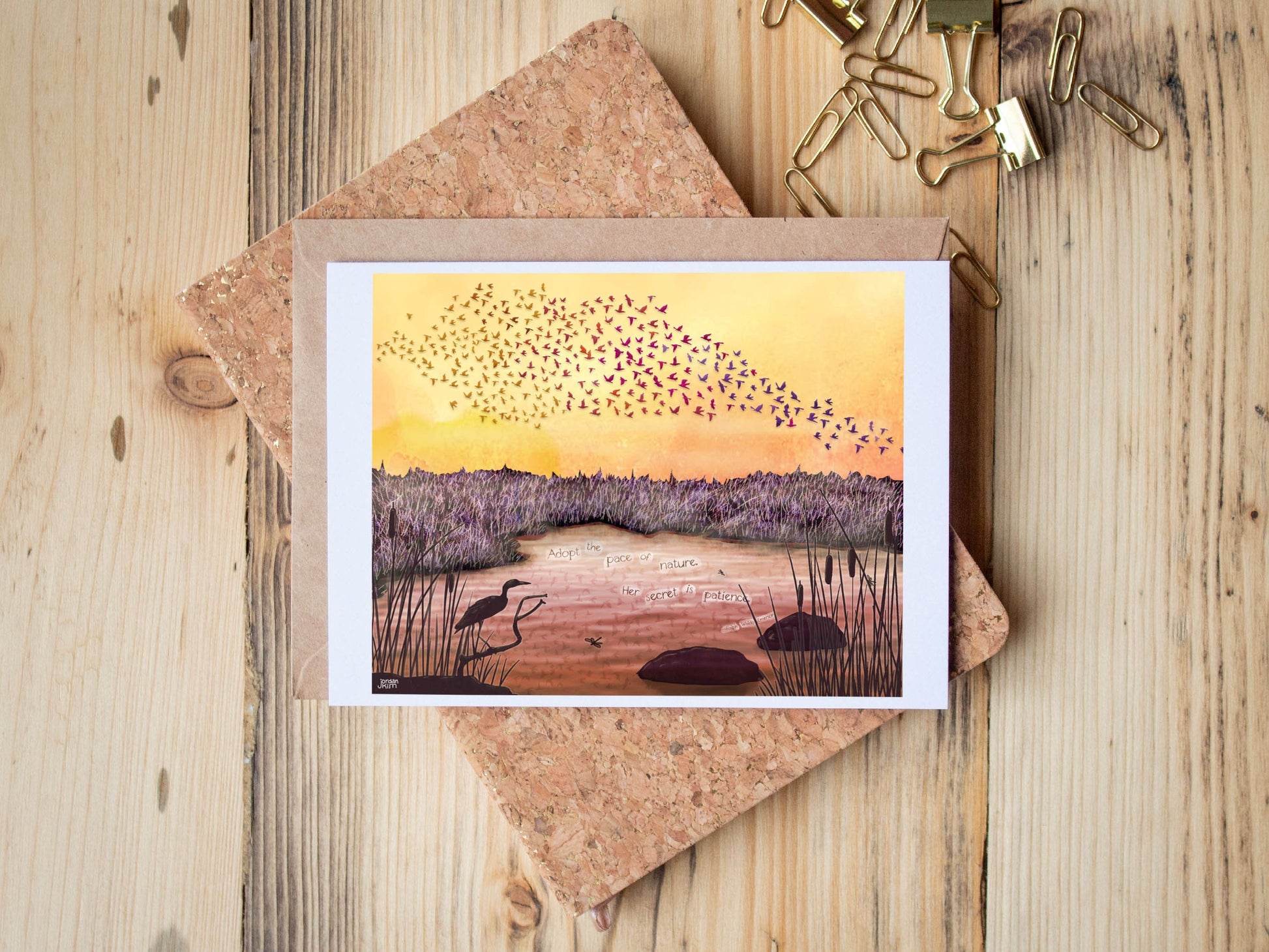 Greeting Card of mixed media collage of a murmuration of birds over a wetland at sunset - Blank Inside