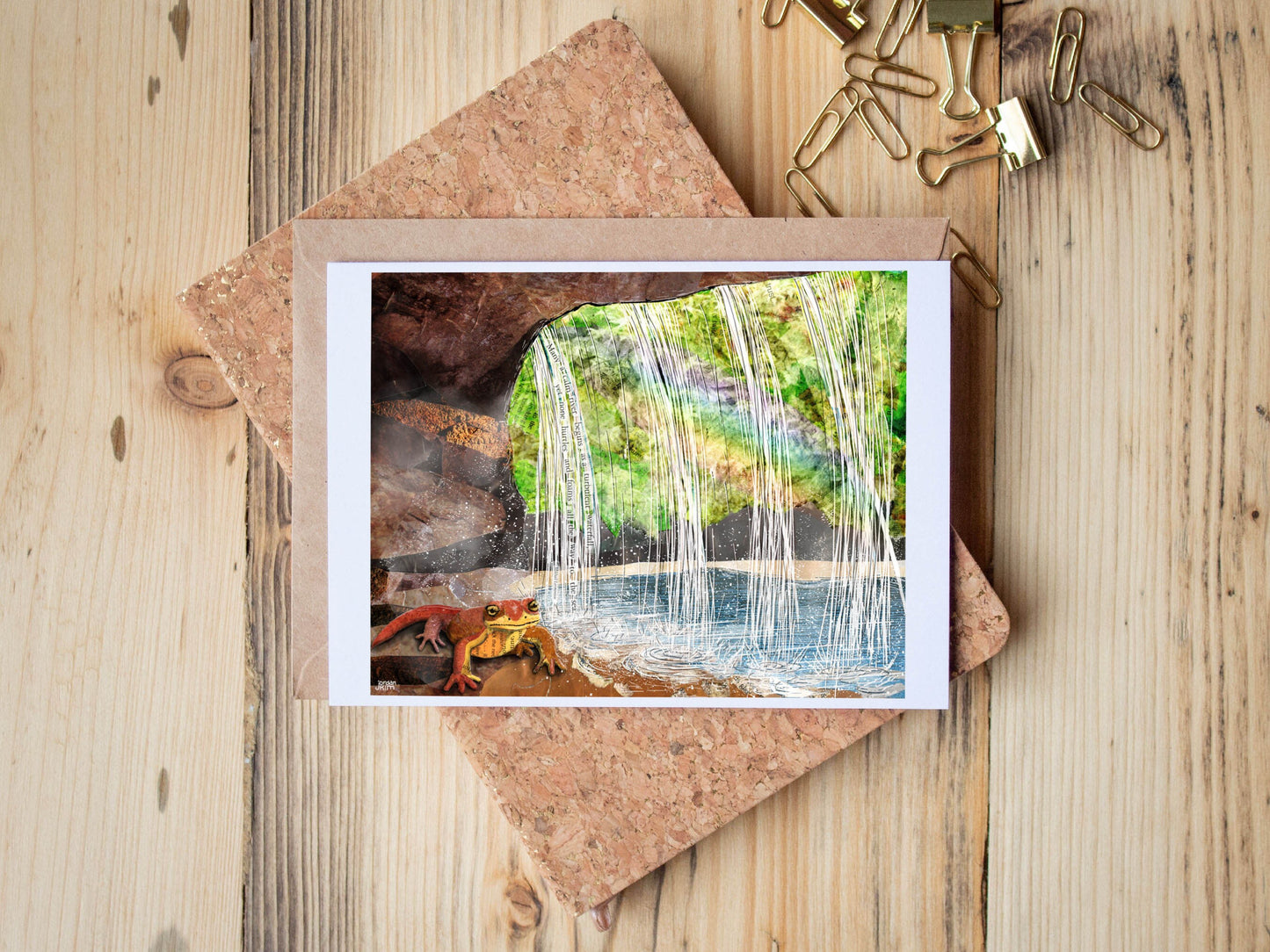 Greeting Card of mixed media collage of a newt under a waterfall in the forest with inspirational quote - Blank Inside