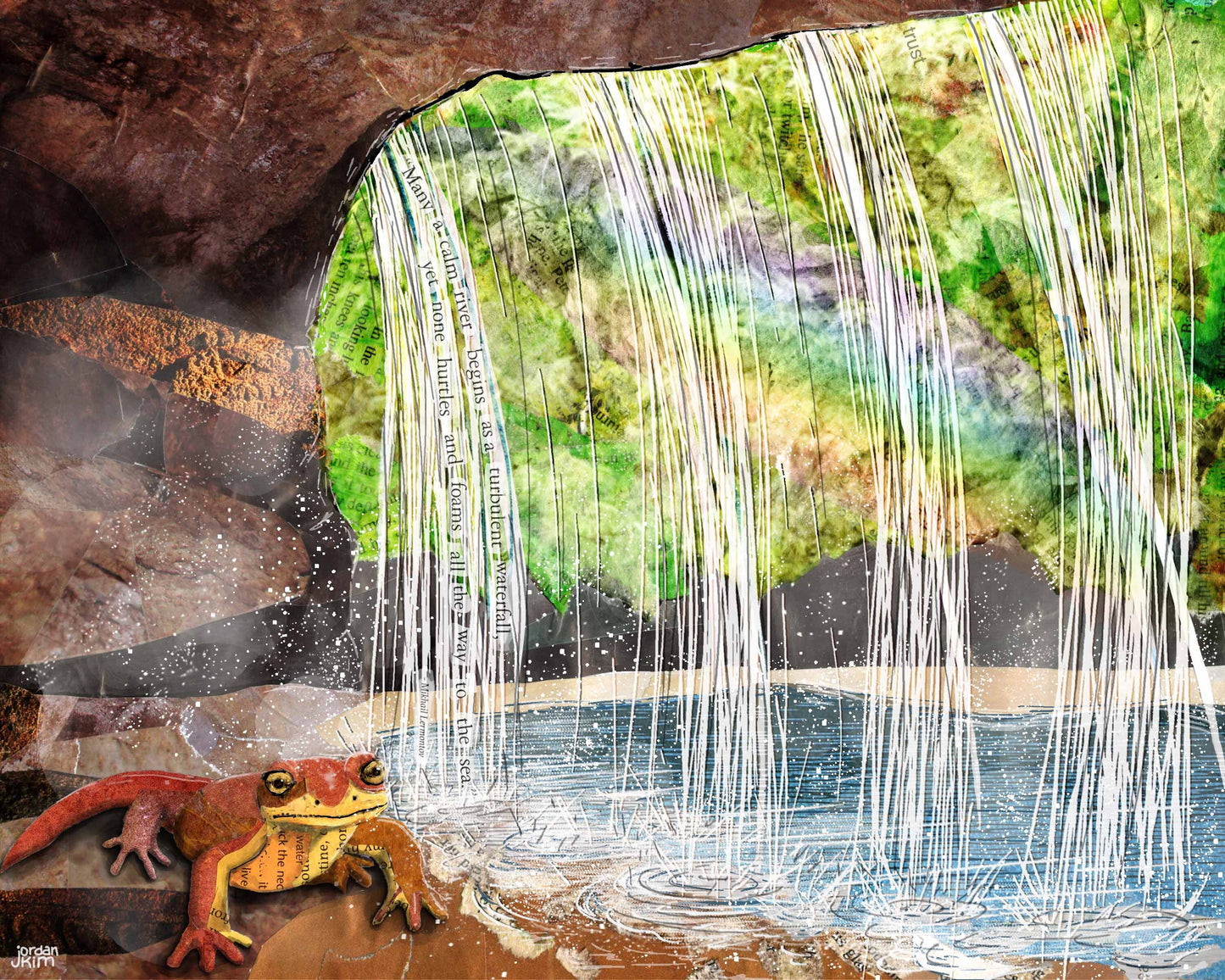 Greeting Card of mixed media collage of a newt under a waterfall in the forest with inspirational quote - Blank Inside