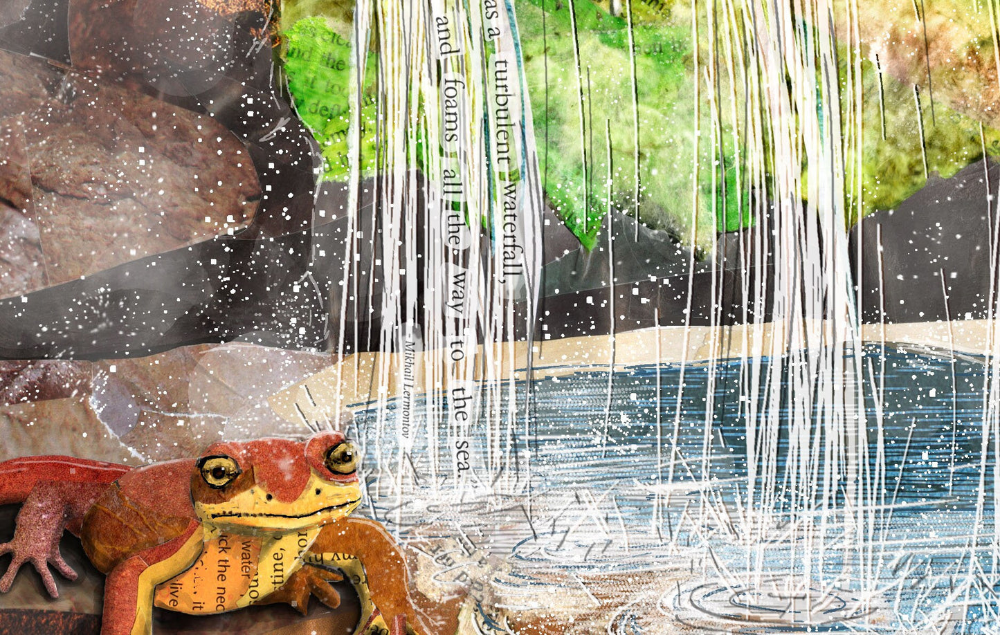 8x10 Art Print of a mixed media collage of a newt under a waterfall in the forest with inspirational quote