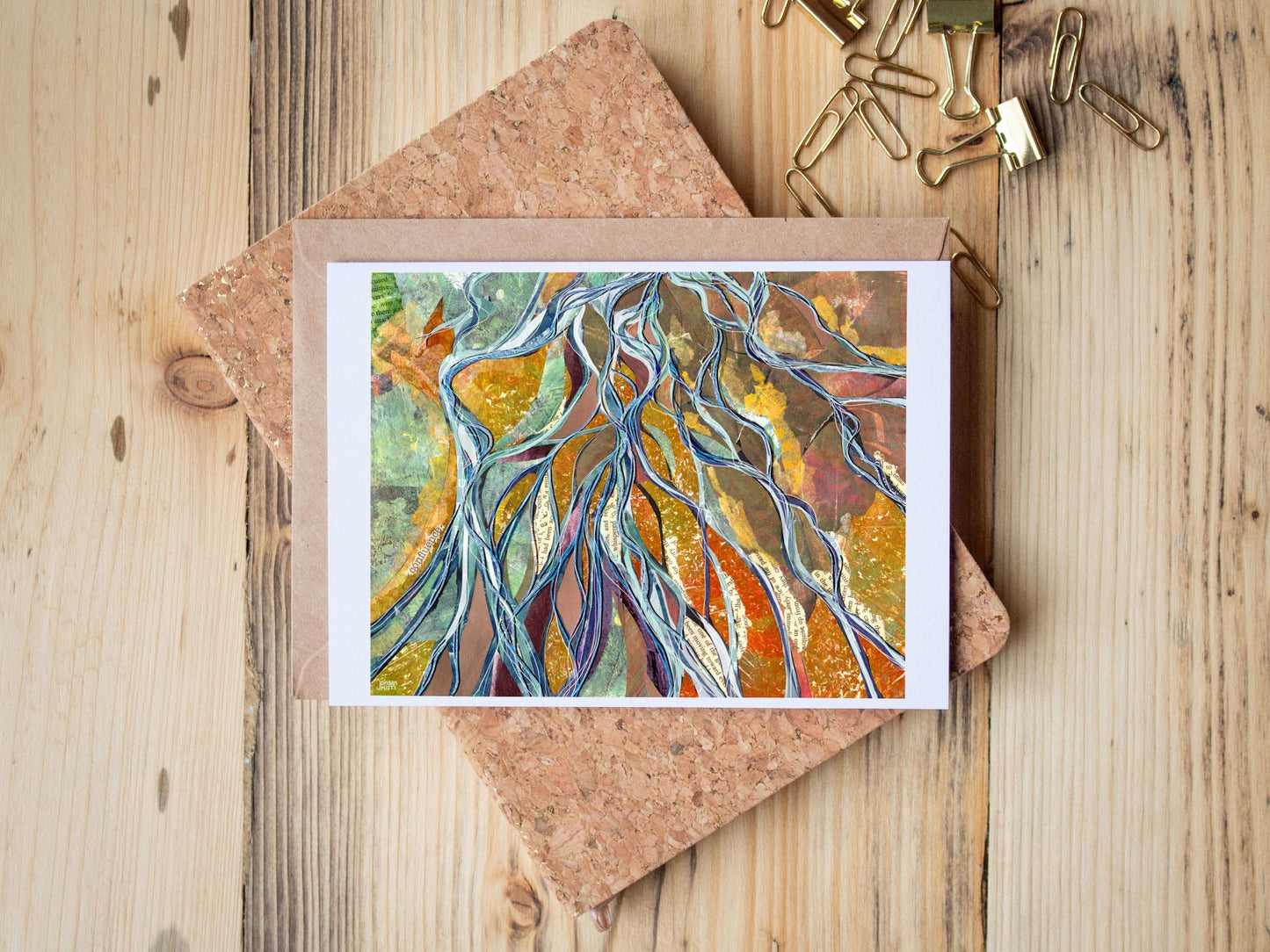 Greeting Card of mixed media collage of the confluences of many braided river channels as seen from above - Blank Inside