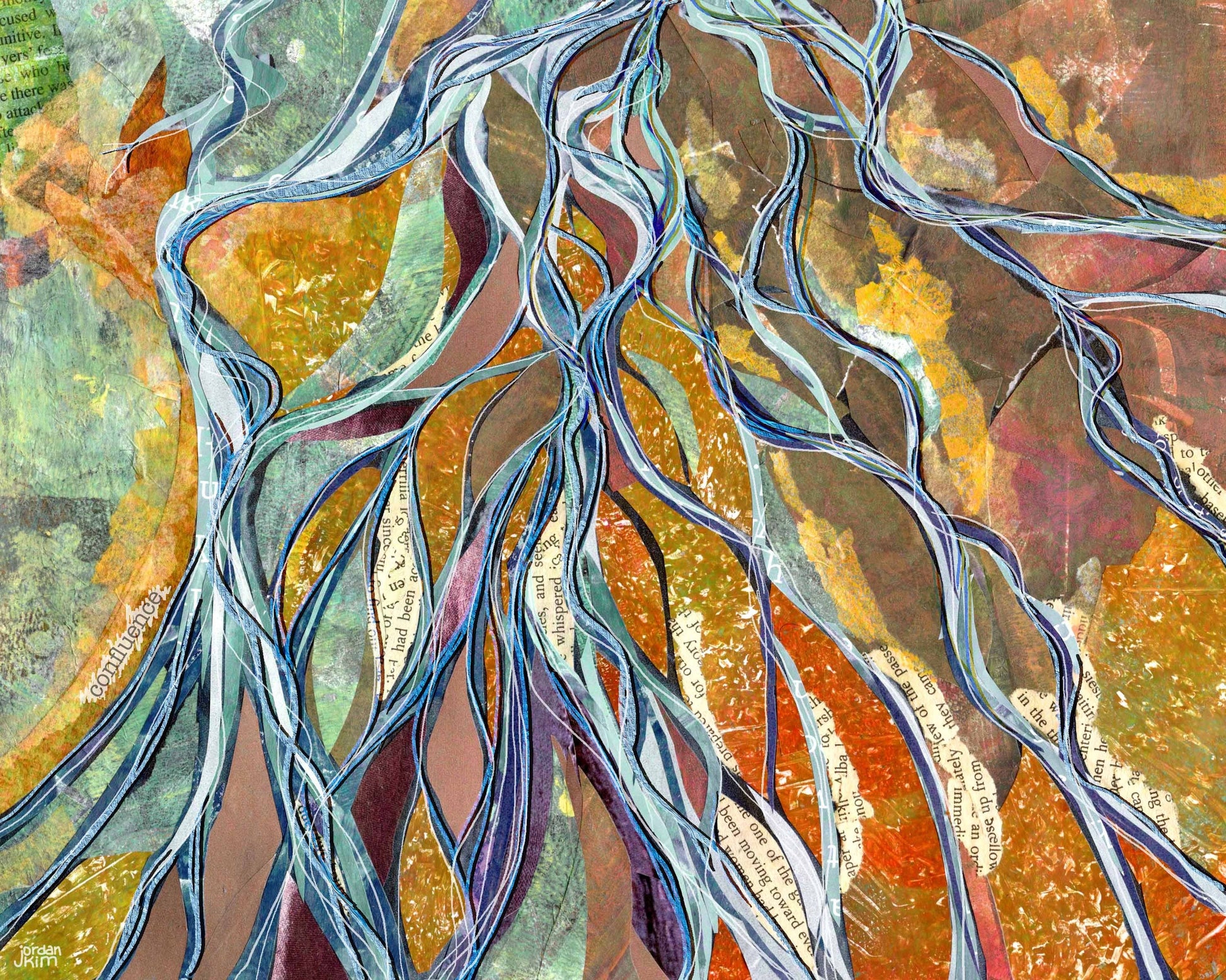 Greeting Card of mixed media collage of the confluences of many braided river channels as seen from above - Blank Inside