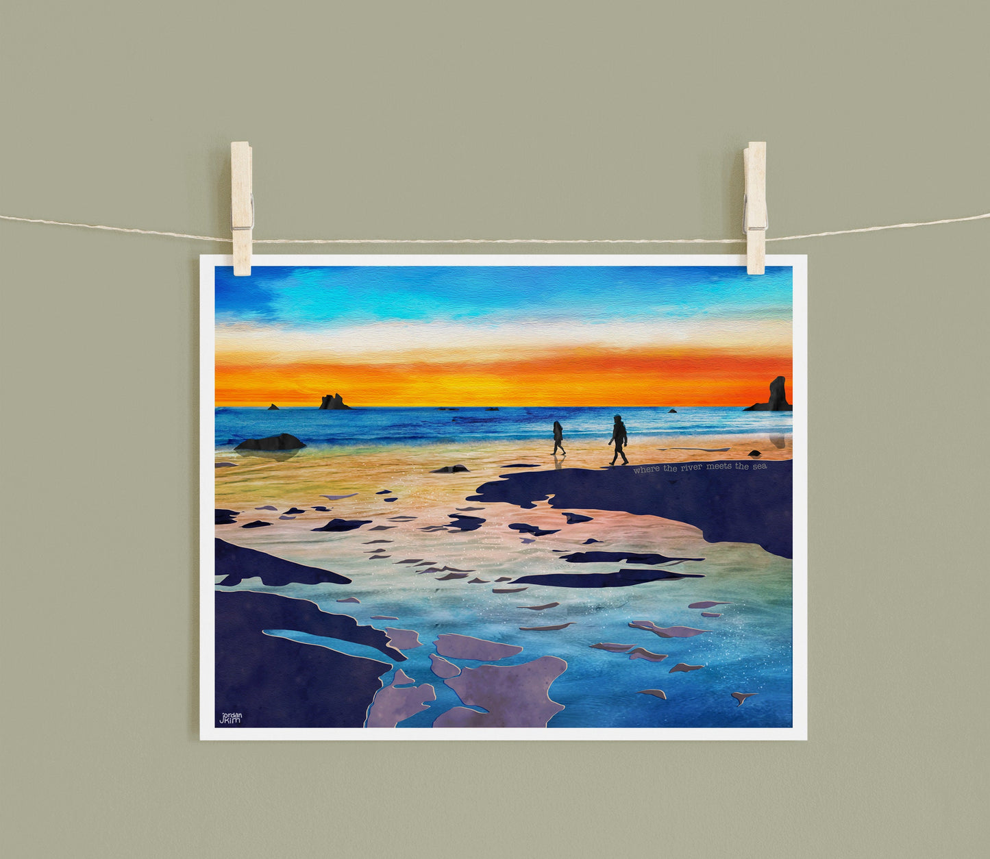 8x10 Art Print of a mixed media collage of two people silhouettes walking on the beach at sunset, river mouth