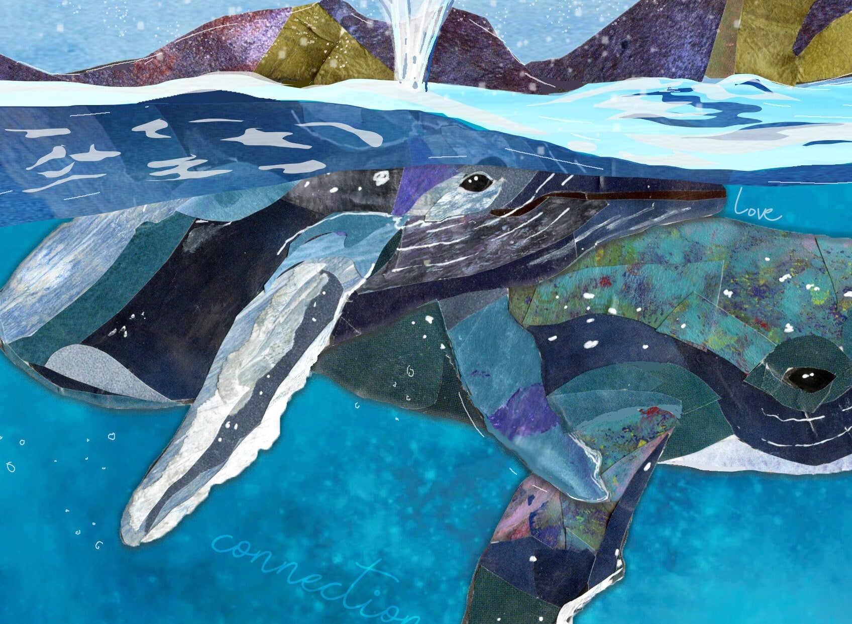 8x10 Art Print of a mixed media collage of mother and baby humpback whales getting breath at the surface, evaporation