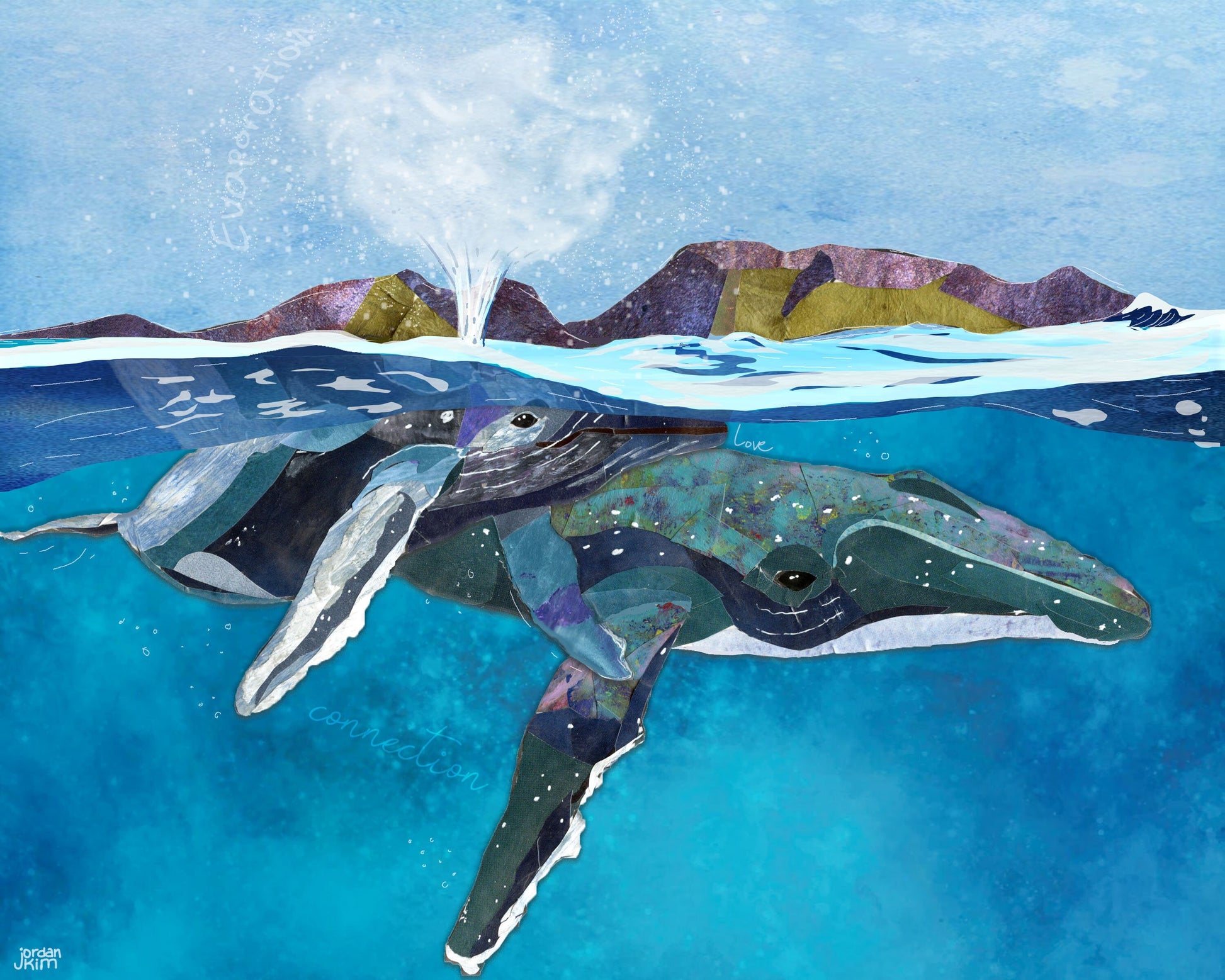 8x10 Art Print of a mixed media collage of mother and baby humpback whales getting breath at the surface, evaporation