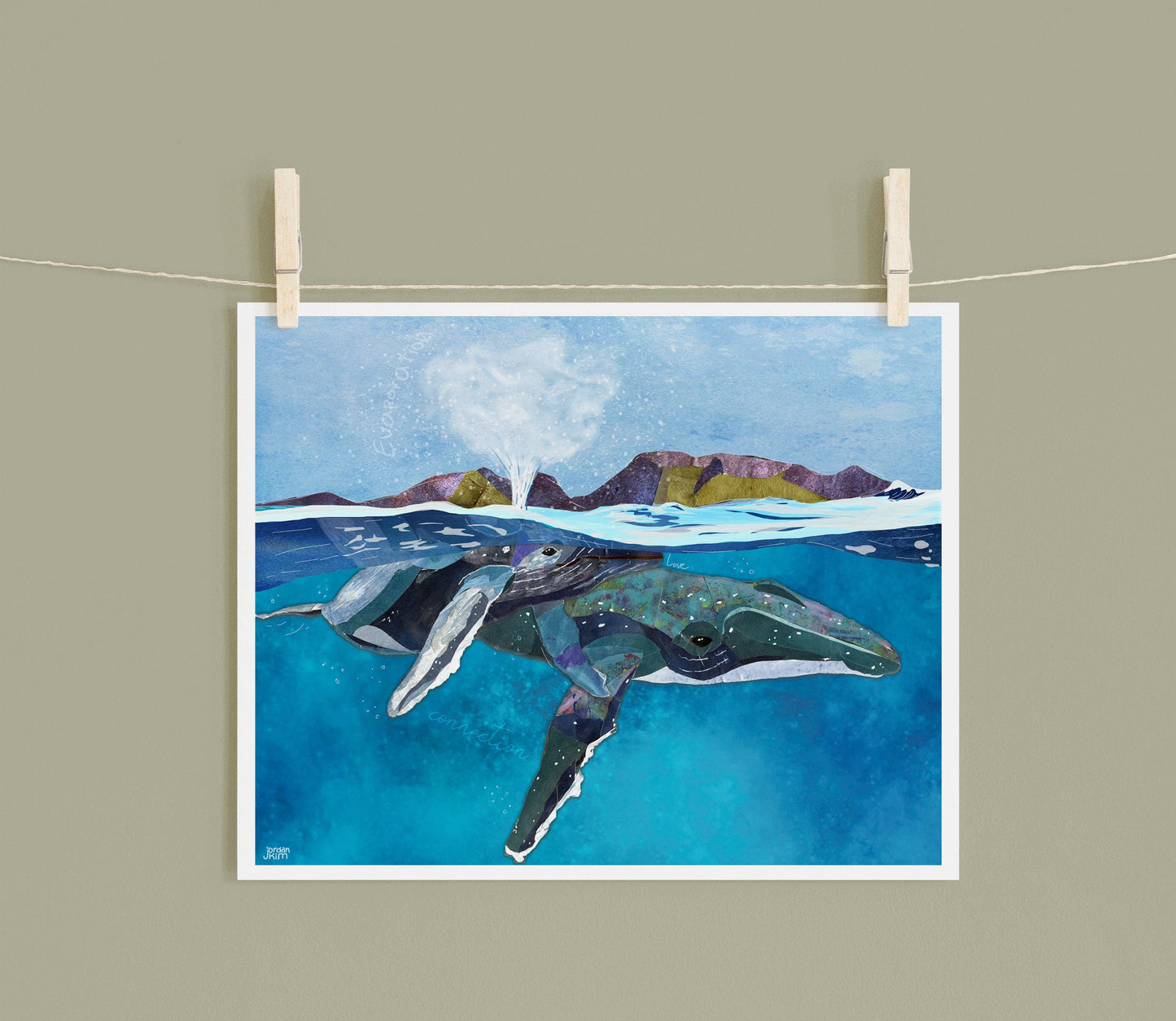 8x10 Art Print of a mixed media collage of mother and baby humpback whales getting breath at the surface, evaporation