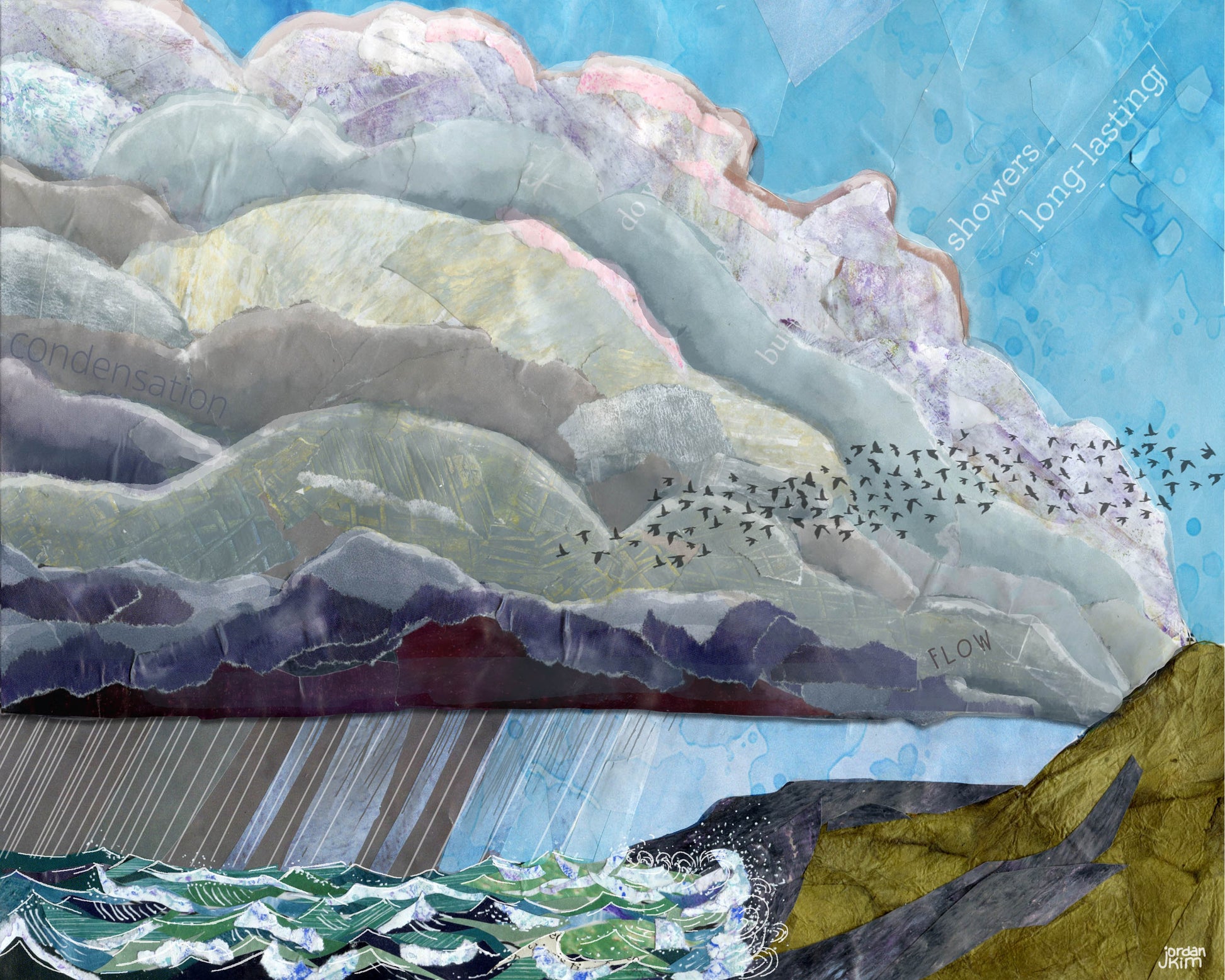 8x10 Art Print of a mixed media collage of clouds building over the ocean, moving to shore