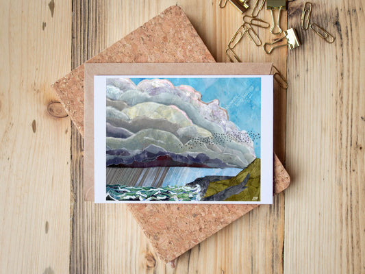 Greeting Card of mixed media collage of clouds building over the ocean, moving to shore - Blank Inside