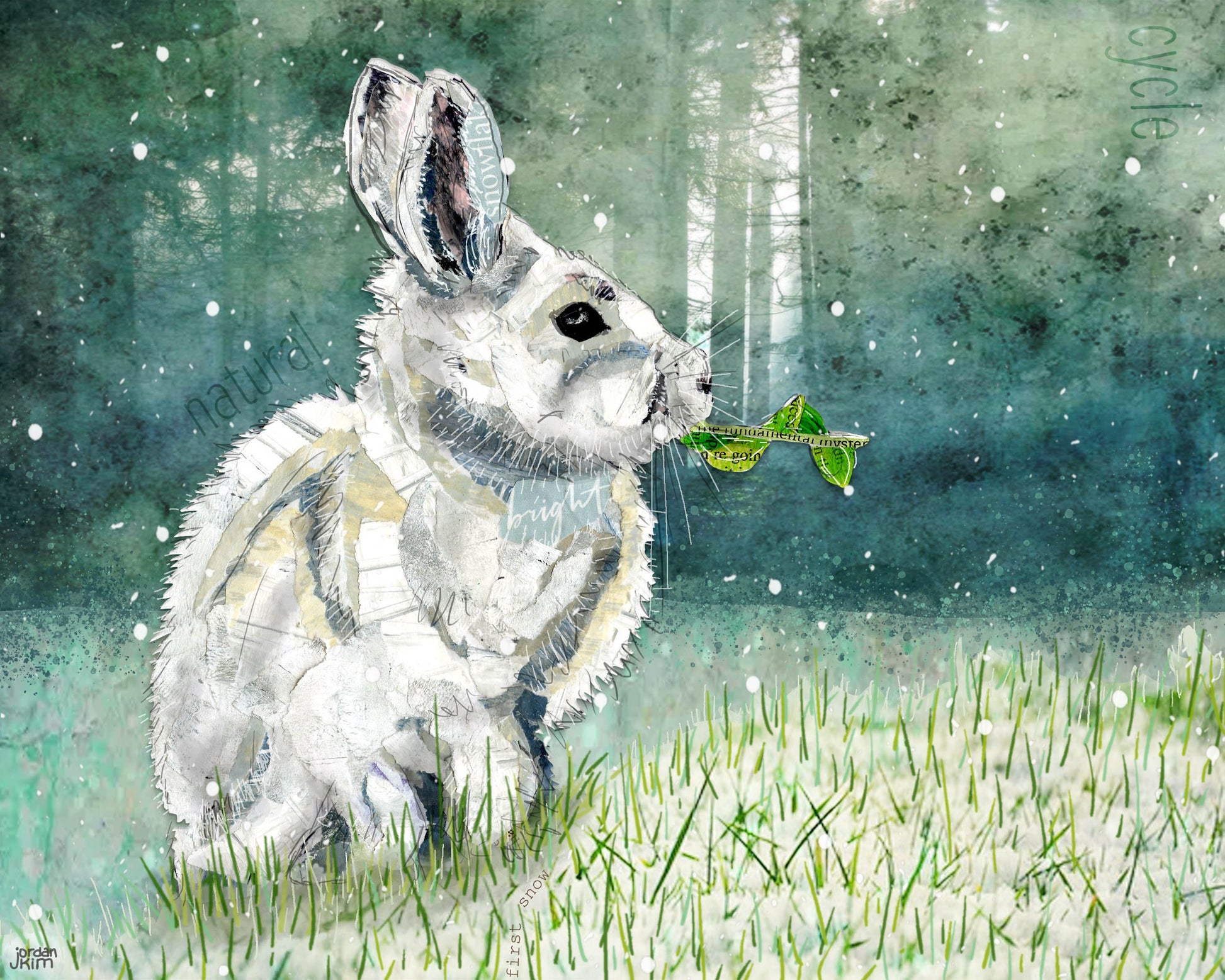 Greeting Card of mixed media collage of a snowshoe hare in the first snow of the season, forest background - Blank Inside