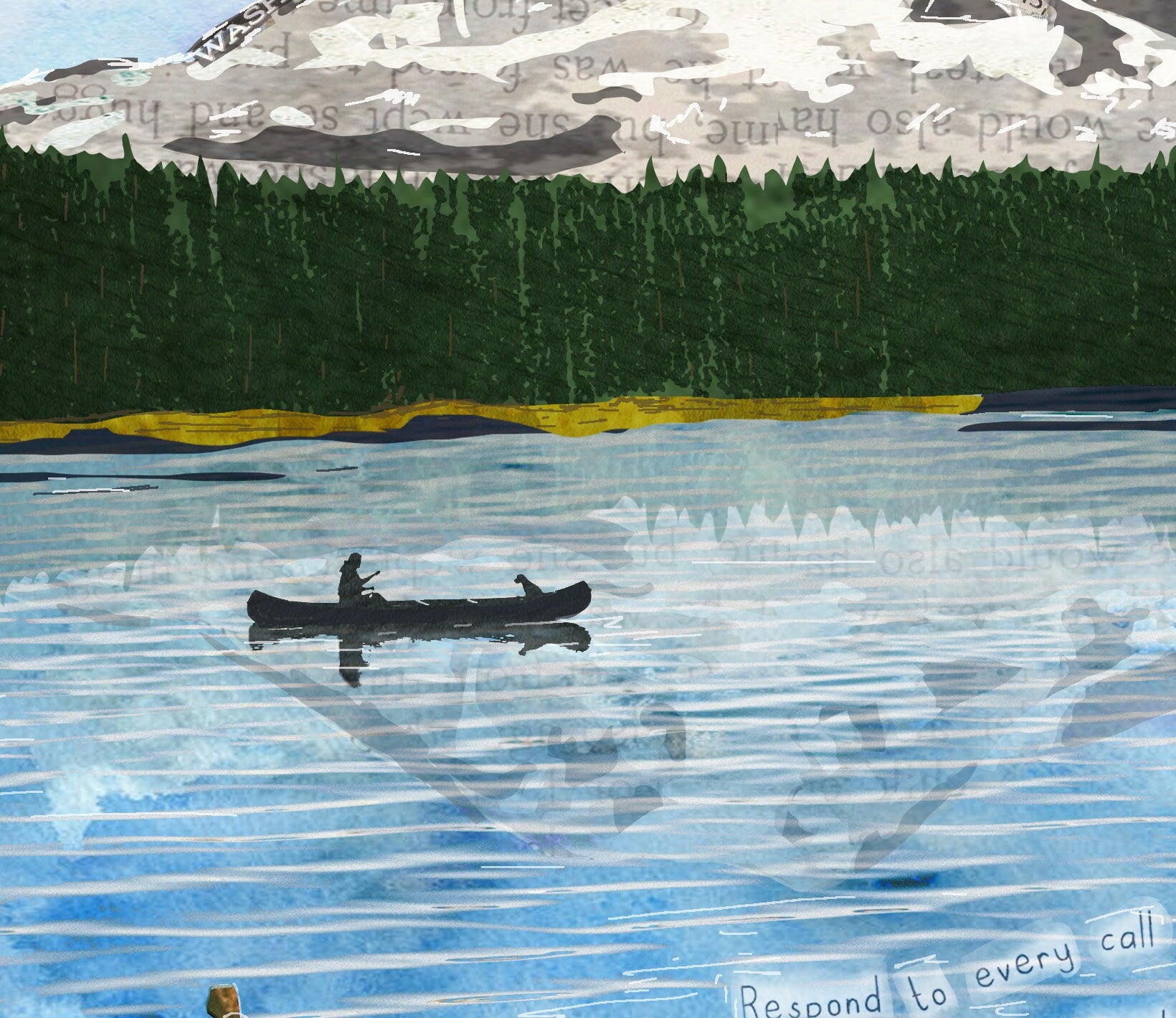 Greeting Card of a mixed media collage of a person and dog in a canoe on Takhlakh Lake at the base of Mt. Adams - Blank Inside