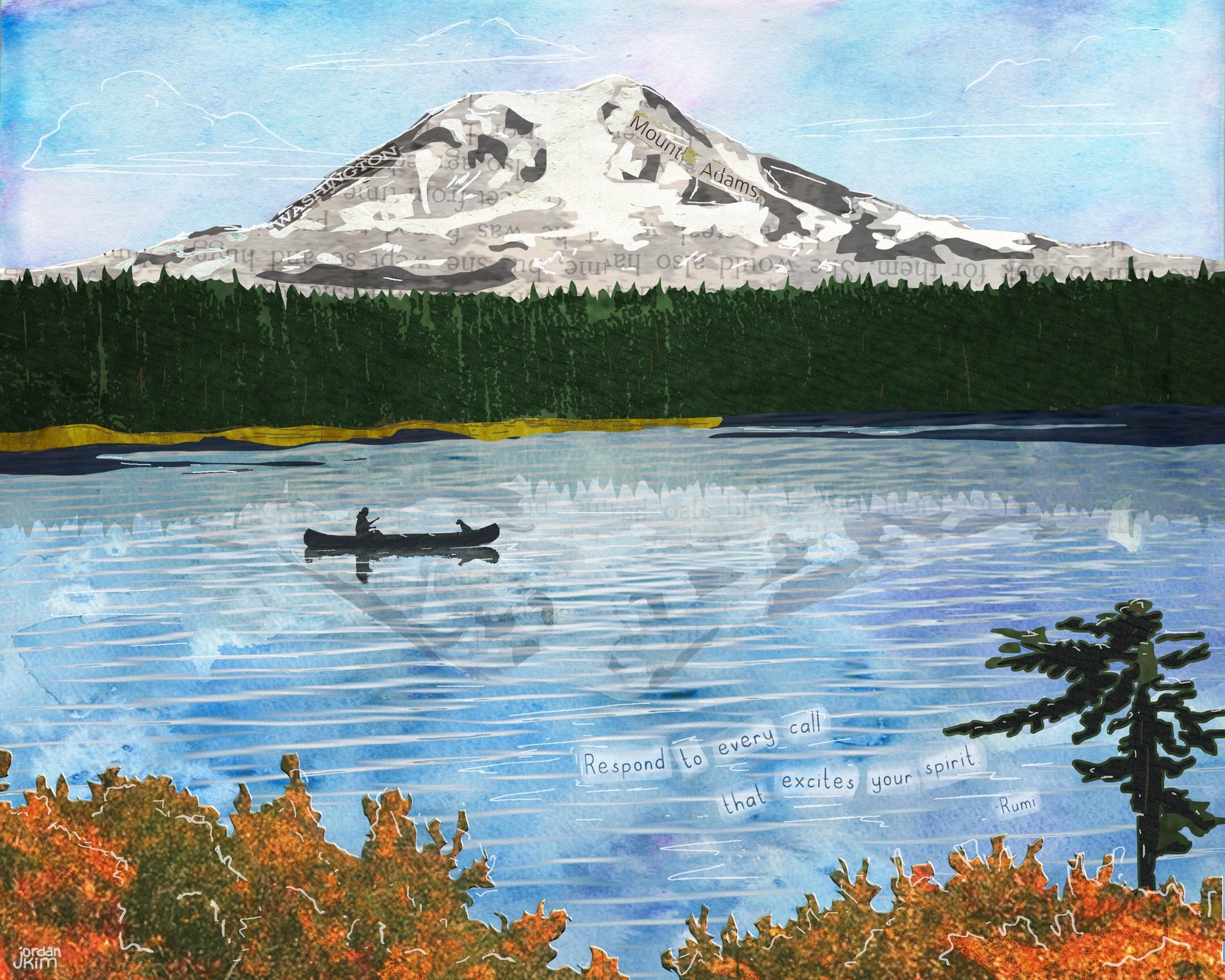 Greeting Card of a mixed media collage of a person and dog in a canoe on Takhlakh Lake at the base of Mt. Adams - Blank Inside