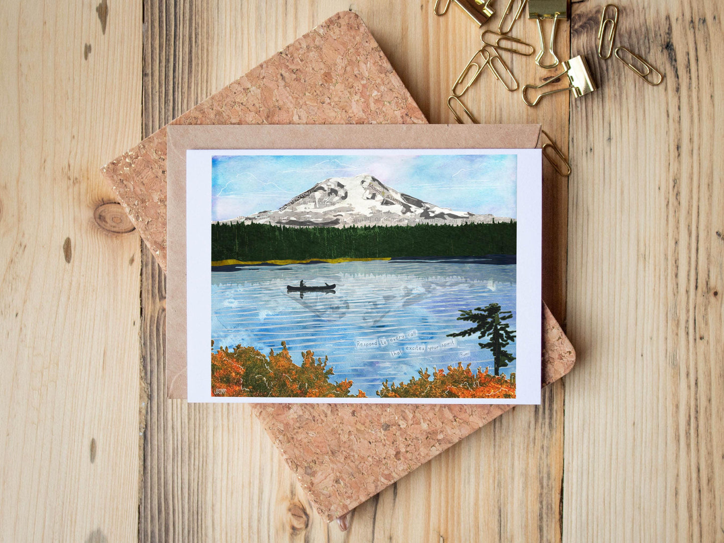 Greeting Card of a mixed media collage of a person and dog in a canoe on Takhlakh Lake at the base of Mt. Adams - Blank Inside