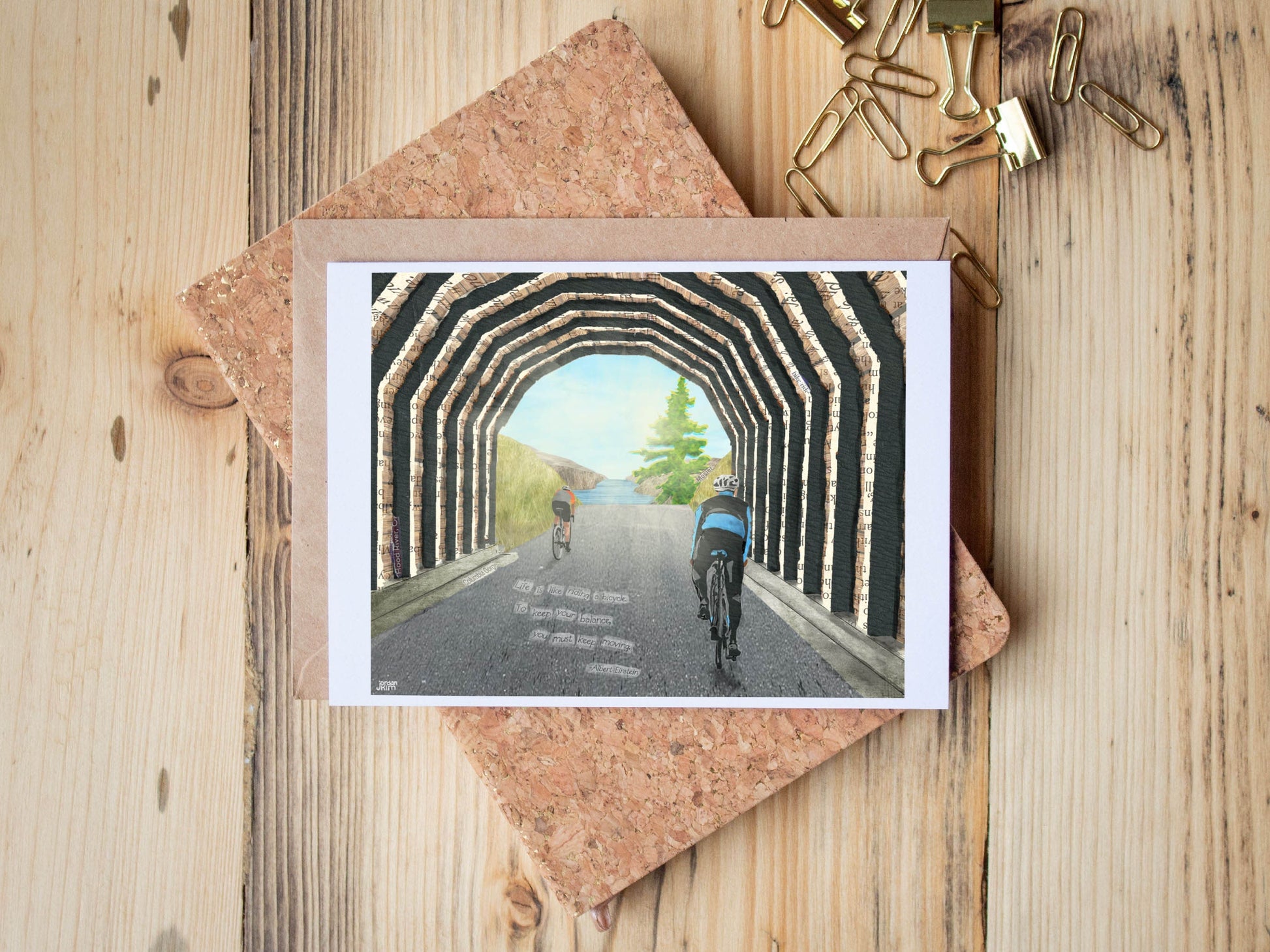 Greeting Card of a mixed media collage of people biking through the Twin Tunnels between Hood River and Mosier Oregon, quote - Blank Inside