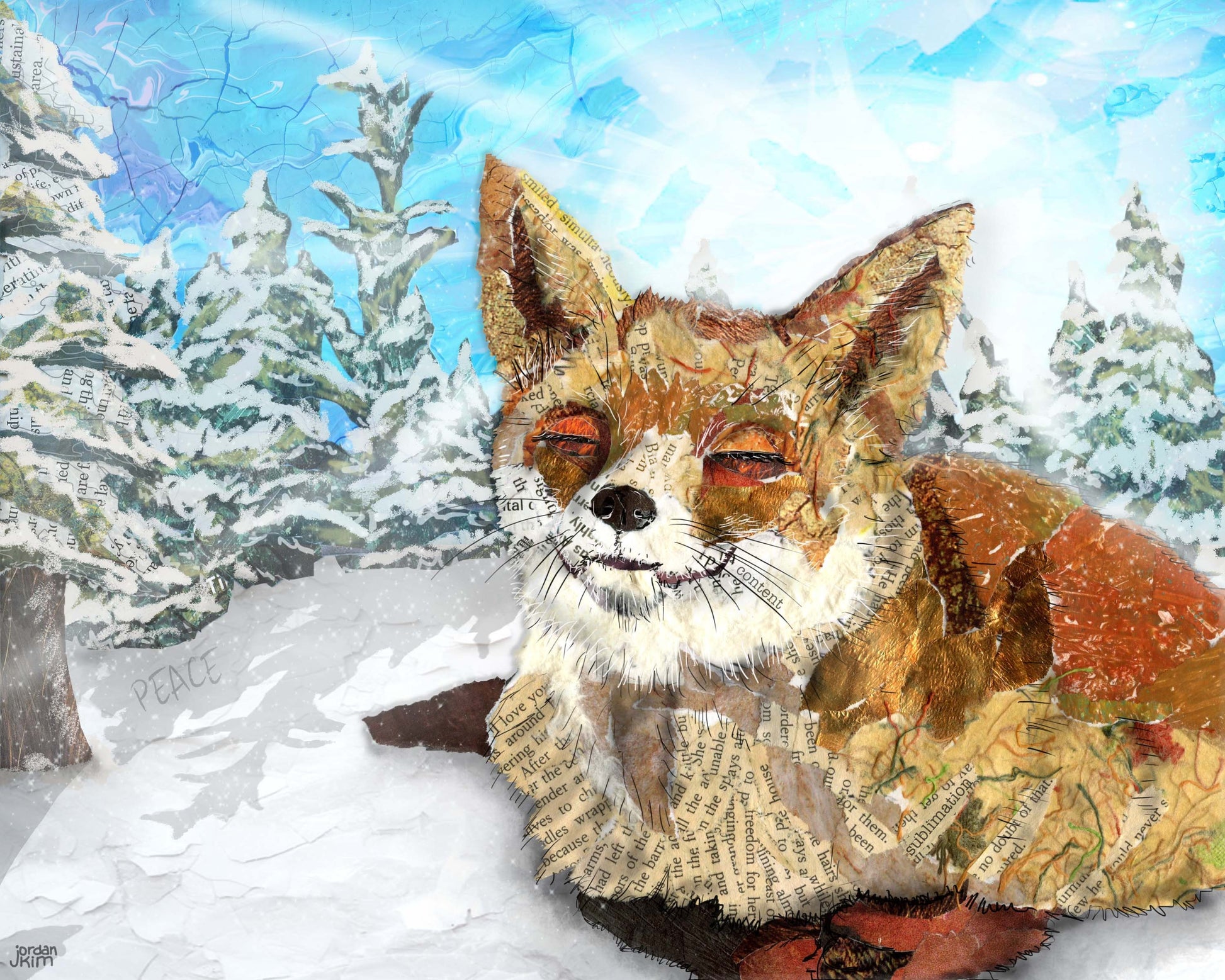 Greeting Card of mixed media collage of a fox smiling in the snow, winter sunshine - Blank Inside