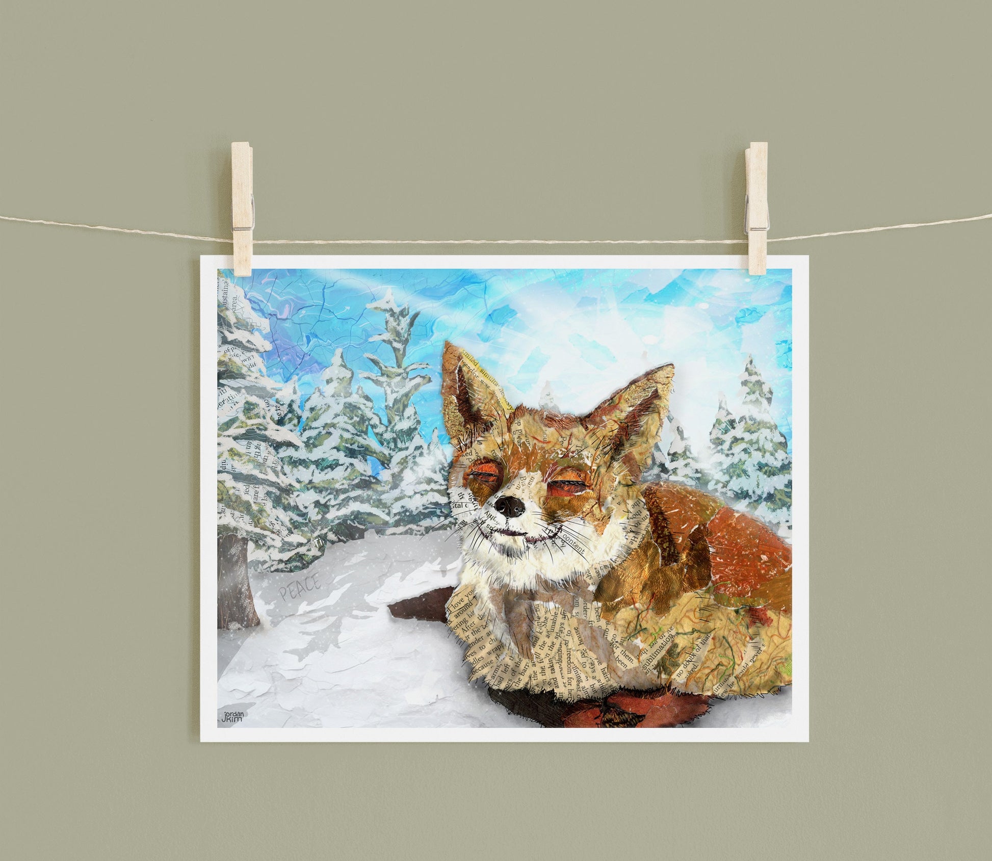 8x10 Art Print of a mixed media collage of a fox smiling in the snow, winter sunshine