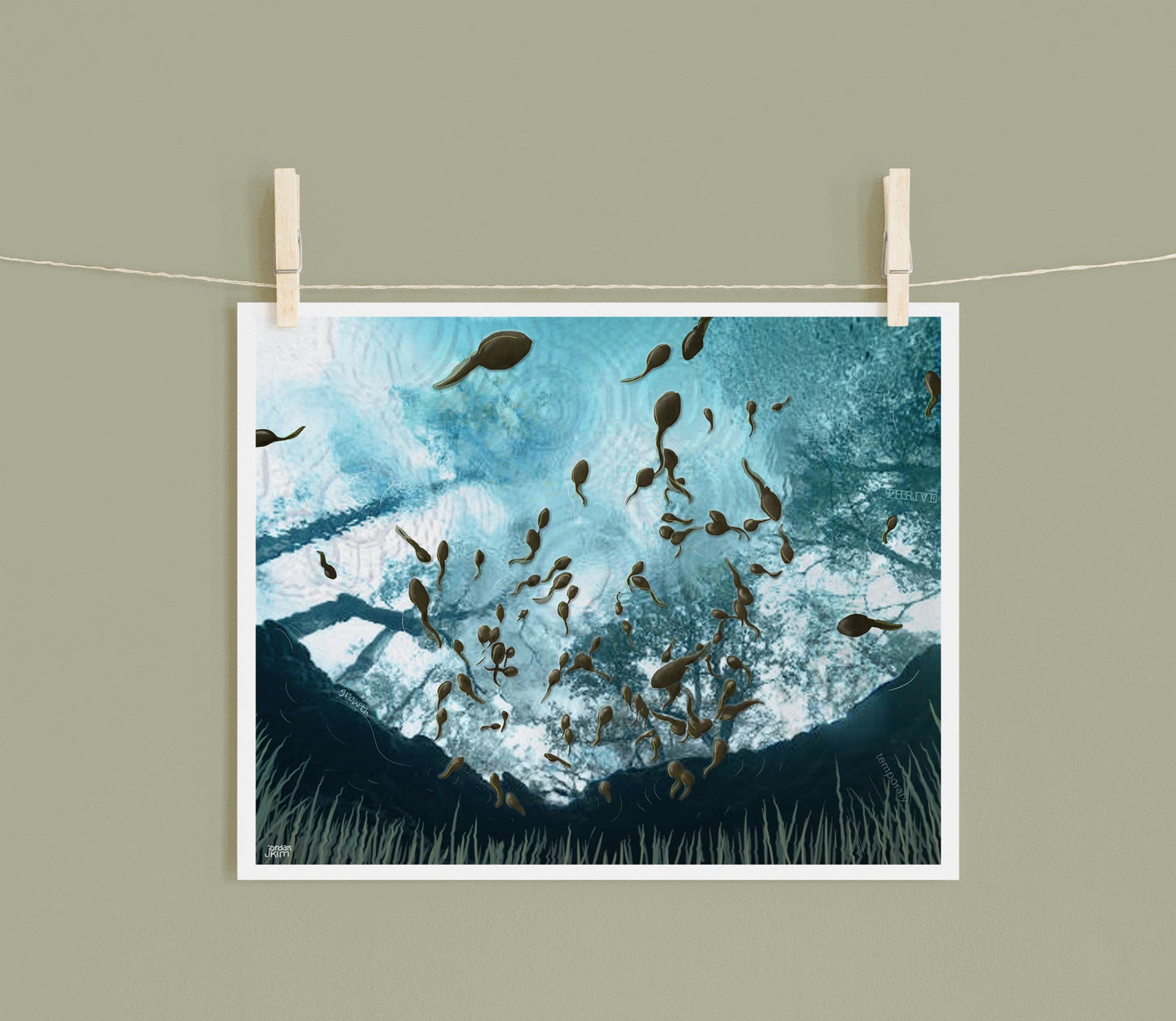 8x10 Art Print of a mixed media collage of tadpoles as seen from below, vernal pool, water