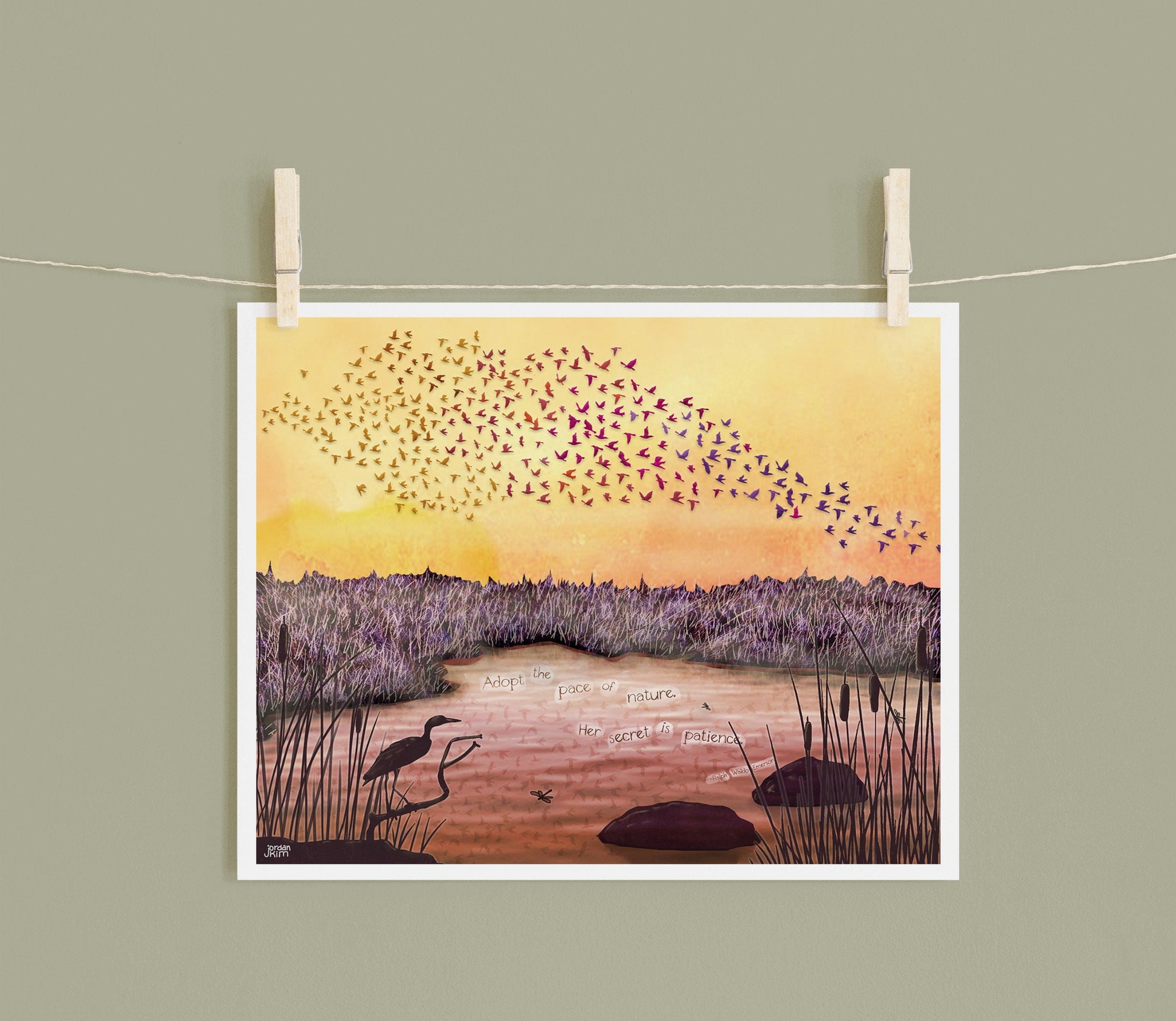 8x10 Art Print of a mixed media collage of a murmuration of birds over a wetland at sunset, heron