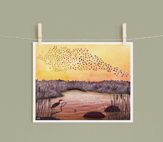 8x10 Art Print of a mixed media collage of a murmuration of birds over a wetland at sunset, heron