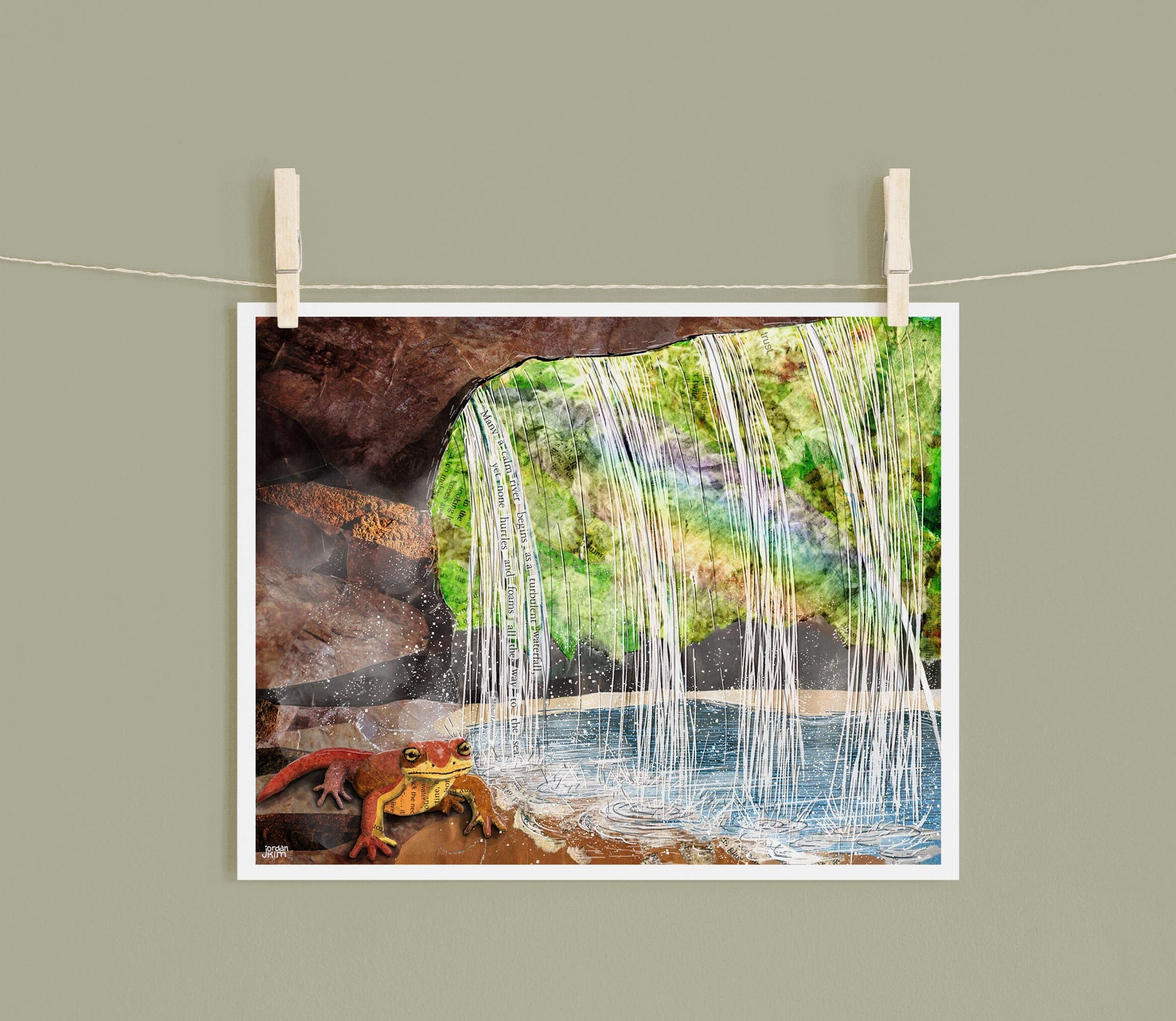 8x10 Art Print of a mixed media collage of a newt under a waterfall in the forest with inspirational quote