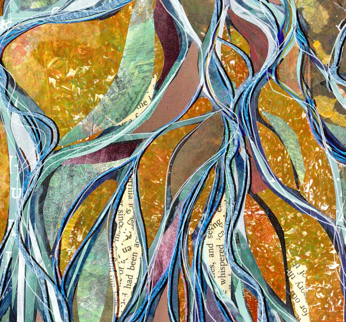 Greeting Card of mixed media collage of the confluences of many braided river channels as seen from above - Blank Inside