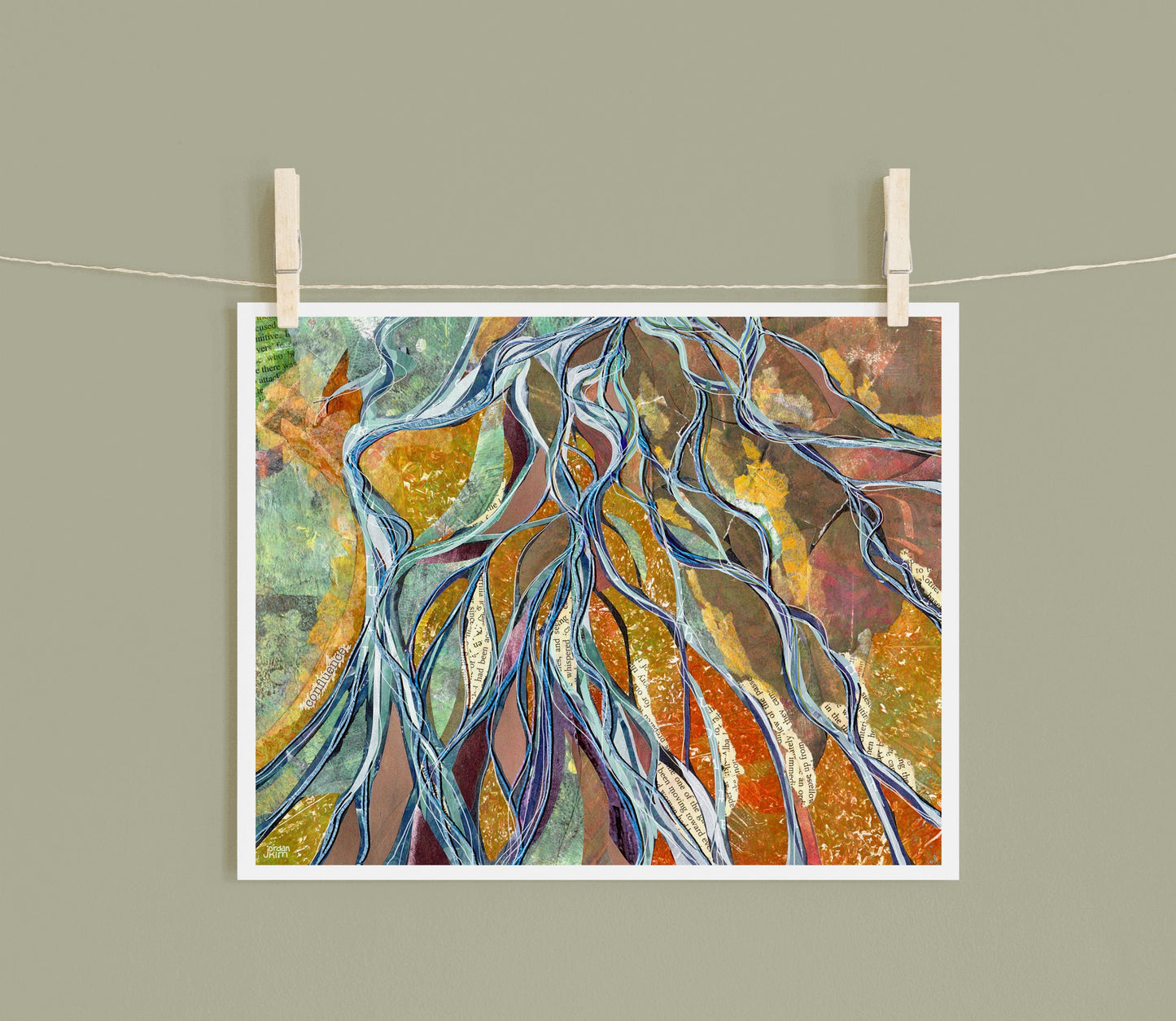 8x10 Art Print of a mixed media collage of the confluences of many braided river channels as seen from above