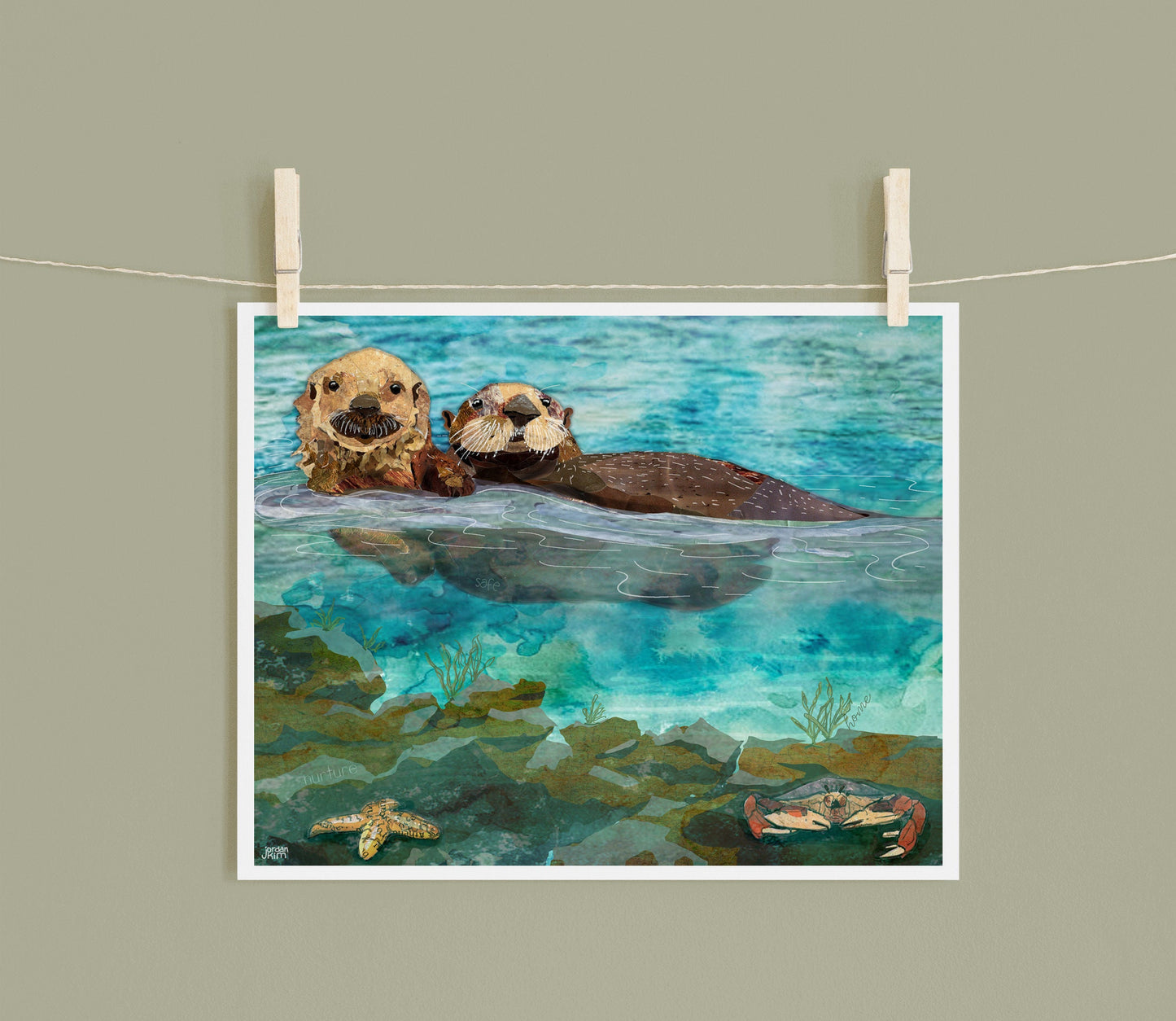 8x10 Art Print of a mixed media collage of two otters in an estuary with starfish and crab below the water