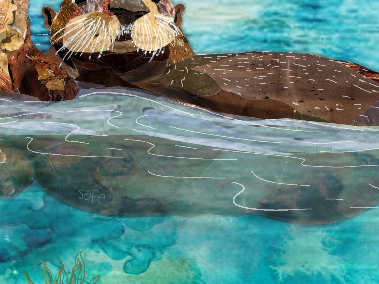 8x10 Art Print of a mixed media collage of two otters in an estuary with starfish and crab below the water