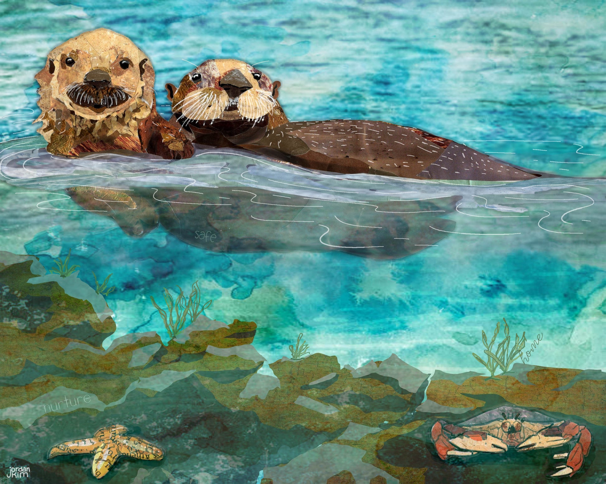 8x10 Art Print of a mixed media collage of two otters in an estuary with starfish and crab below the water