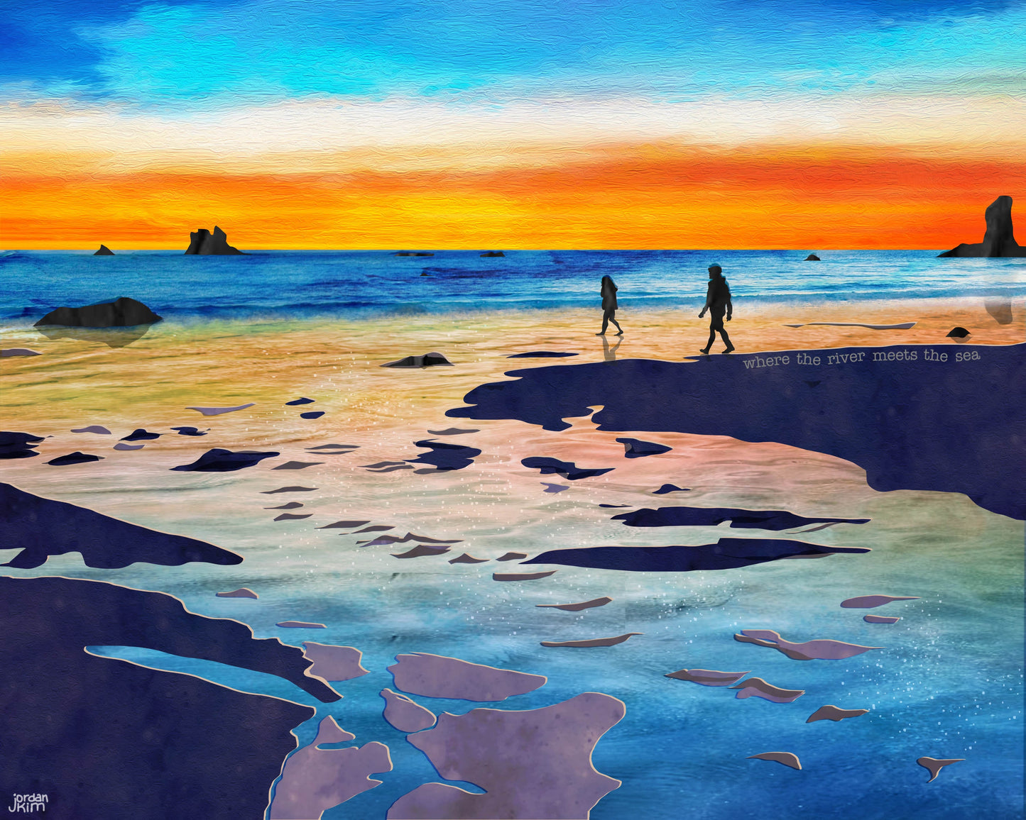 8x10 Art Print of a mixed media collage of two people silhouettes walking on the beach at sunset, river mouth