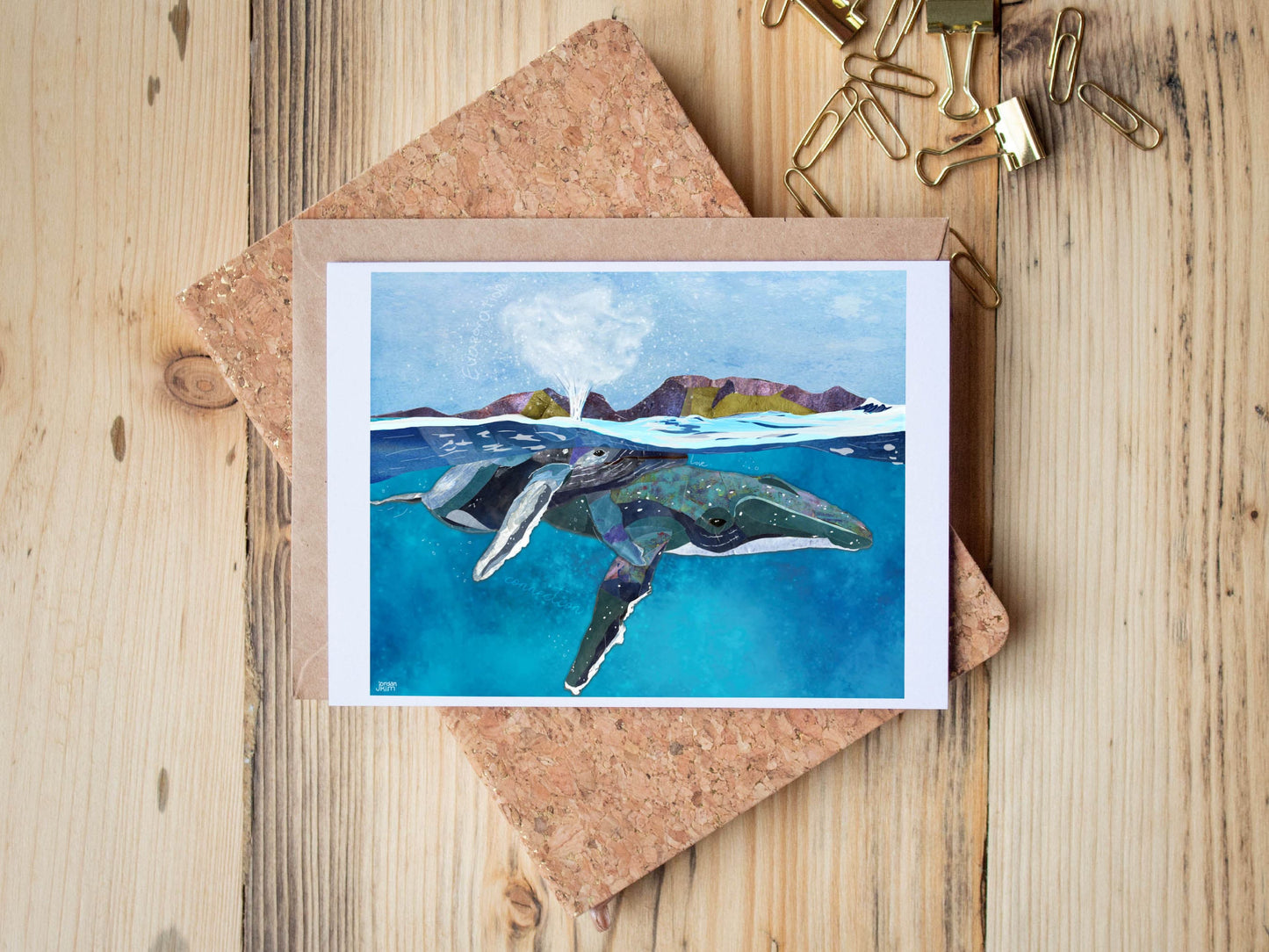 Greeting Card of mixed media collage of mother and baby humpback whales getting breath at the surface - Blank Inside