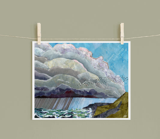 8x10 Art Print of a mixed media collage of clouds building over the ocean, moving to shore