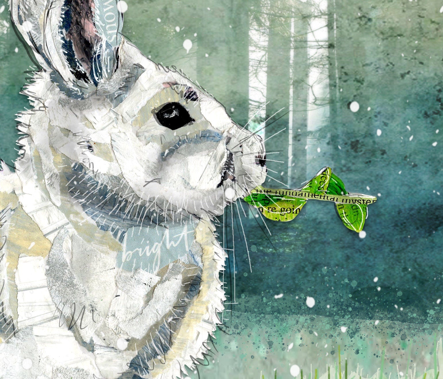 Greeting Card of mixed media collage of a snowshoe hare in the first snow of the season, forest background - Blank Inside