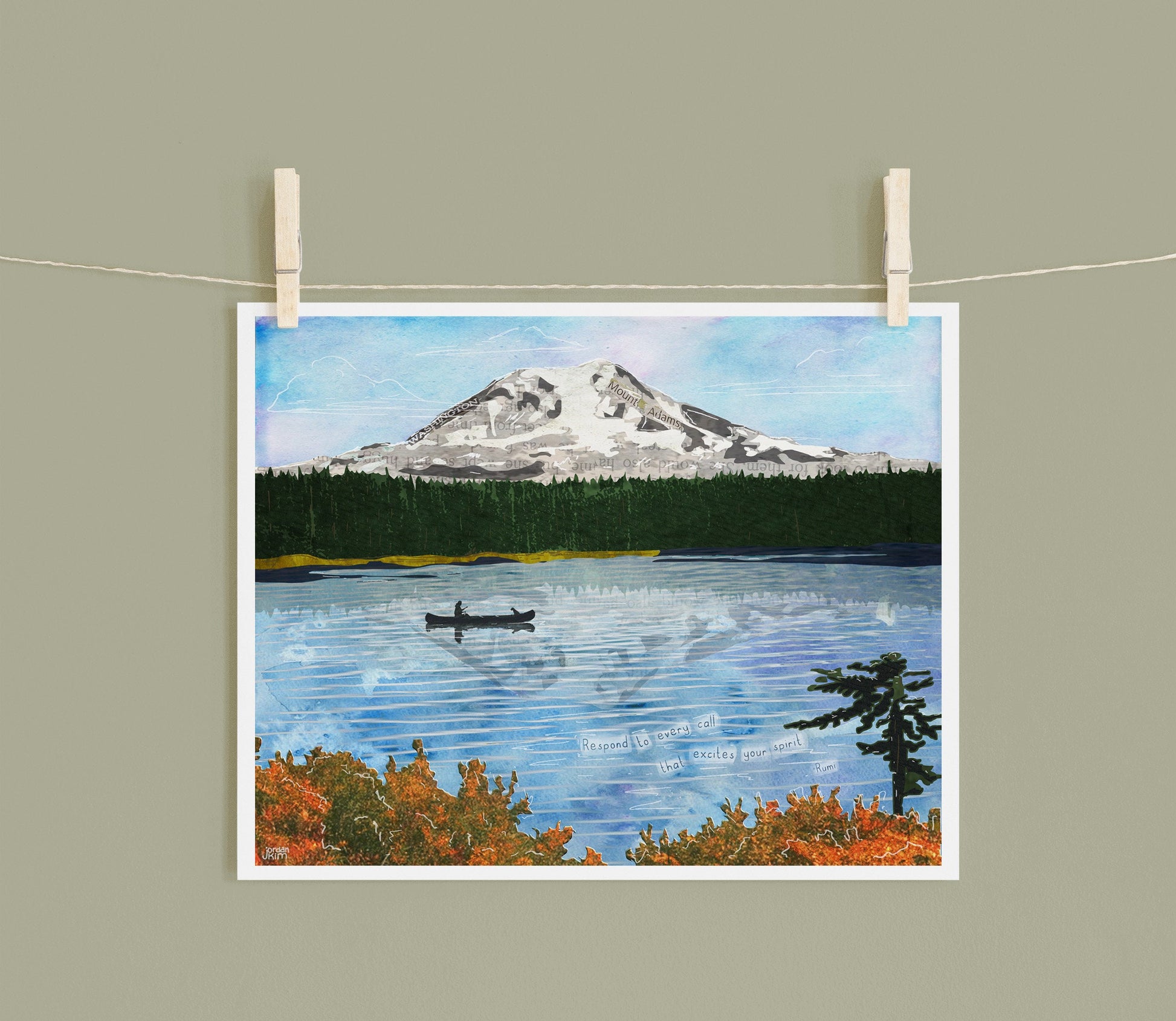 8x10 Art Print of a mixed media collage of a person and dog in a canoe on Takhlakh Lake at the base of Mt. Adams in Washington