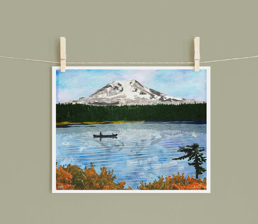 8x10 Art Print of a mixed media collage of a person and dog in a canoe on Takhlakh Lake at the base of Mt. Adams in Washington