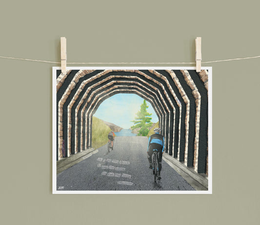 8x10 Art Print of a mixed media collage of people biking through the Twin Tunnels between Hood River and Mosier Oregon, Einstein quote