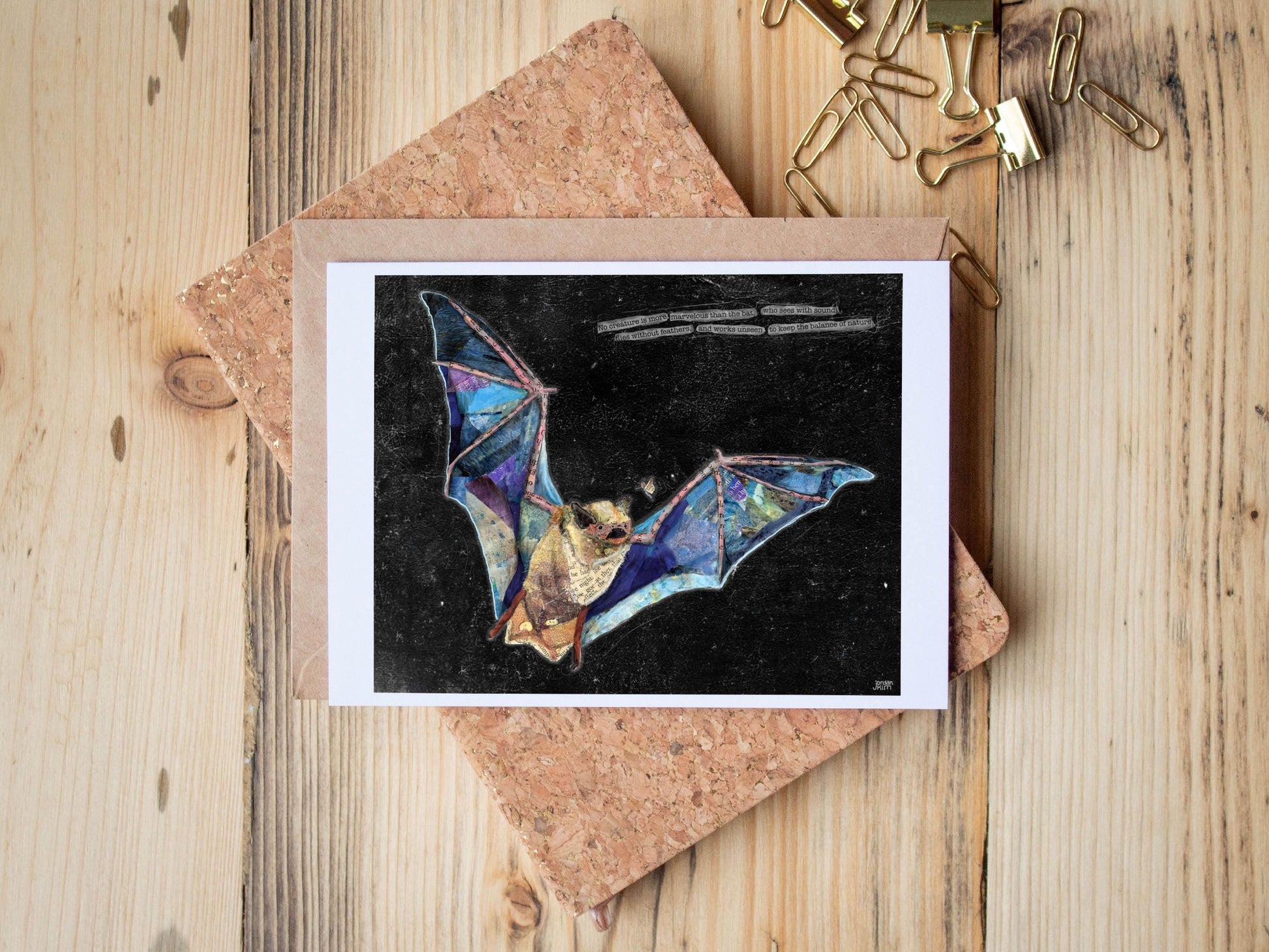 Greeting Card of mixed media collage of a little brown bat done in blues with a night sky and inspirational quote about bats - Blank Inside