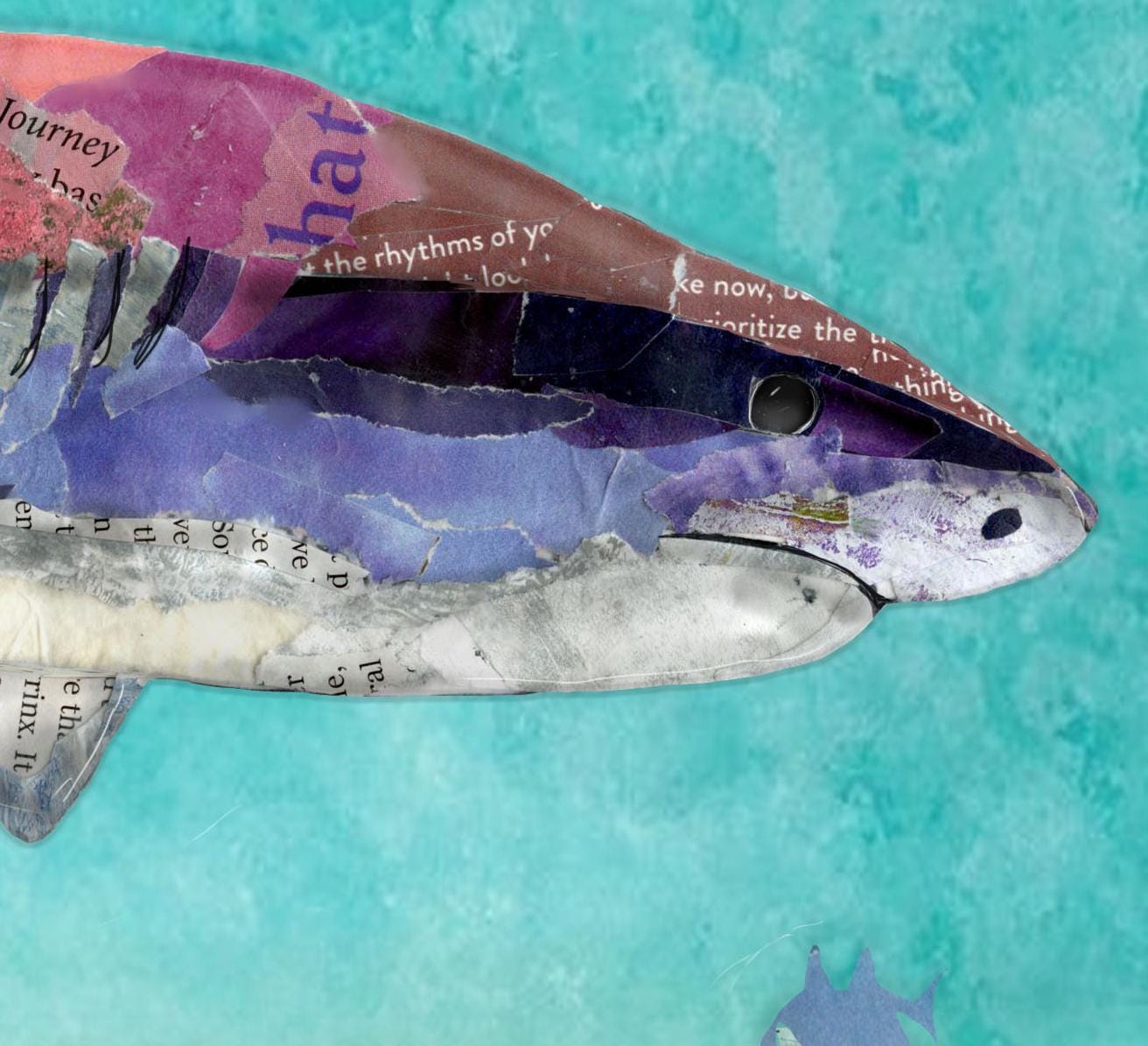 8x10 Art Print of a mixed media collage of a tiger shark done in purples and pinks and inspirational quote about sharks