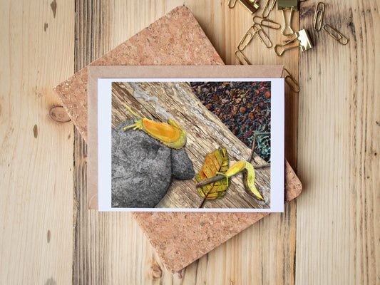 Greeting Card of mixed media collage of two yellow banana slugs crawling on a log and inspirational quote about slugs - Blank Inside