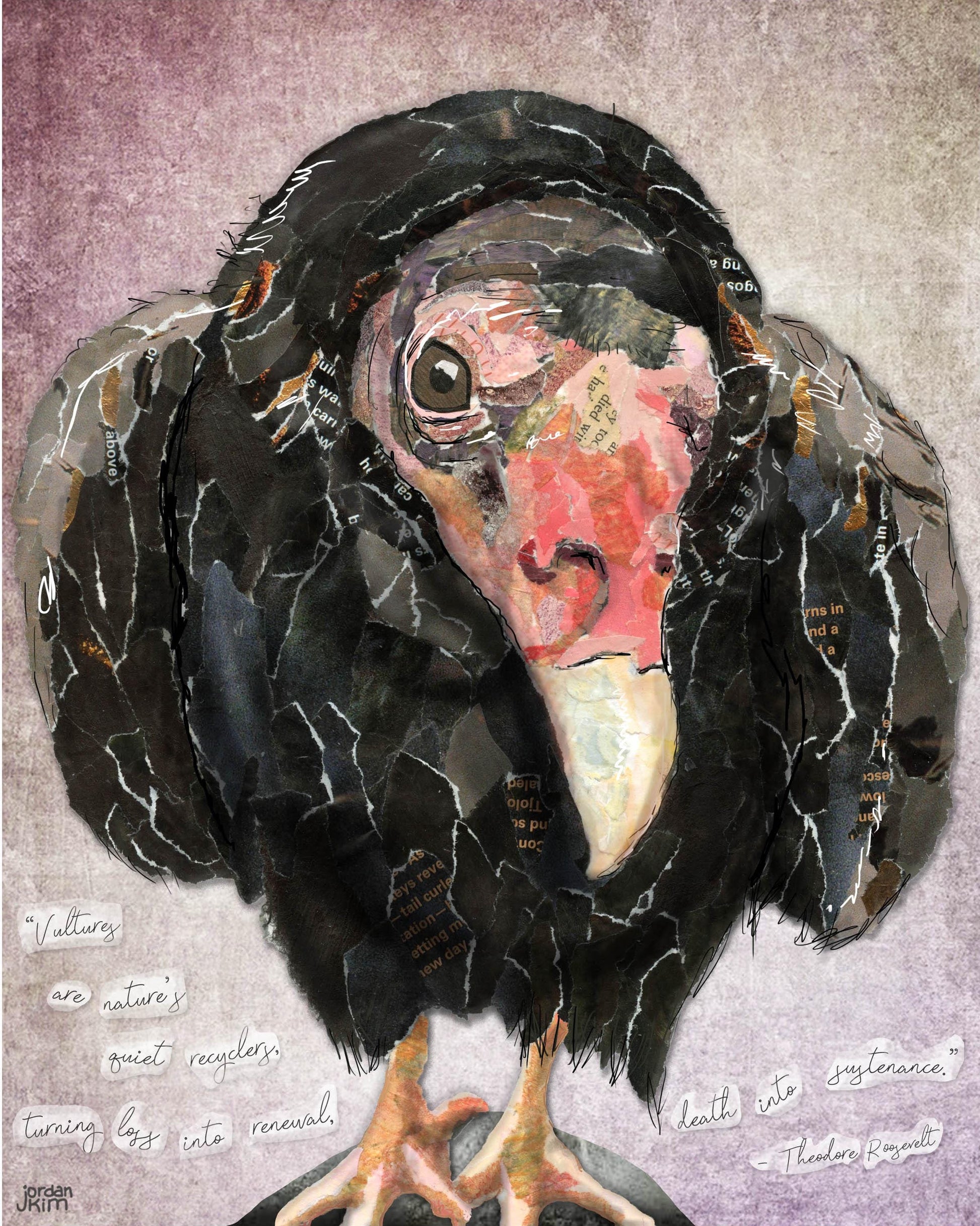 Greeting Card of mixed media collage of a turkey vulture and inspirational quote about vultures by Theodore Roosevelt - Blank Inside