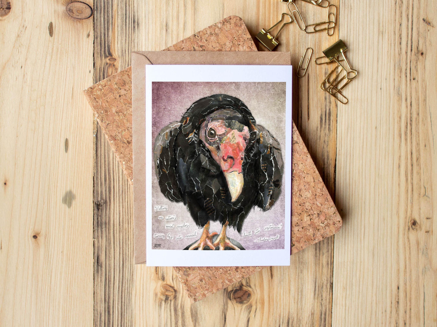 Greeting Card of mixed media collage of a turkey vulture and inspirational quote about vultures by Theodore Roosevelt - Blank Inside