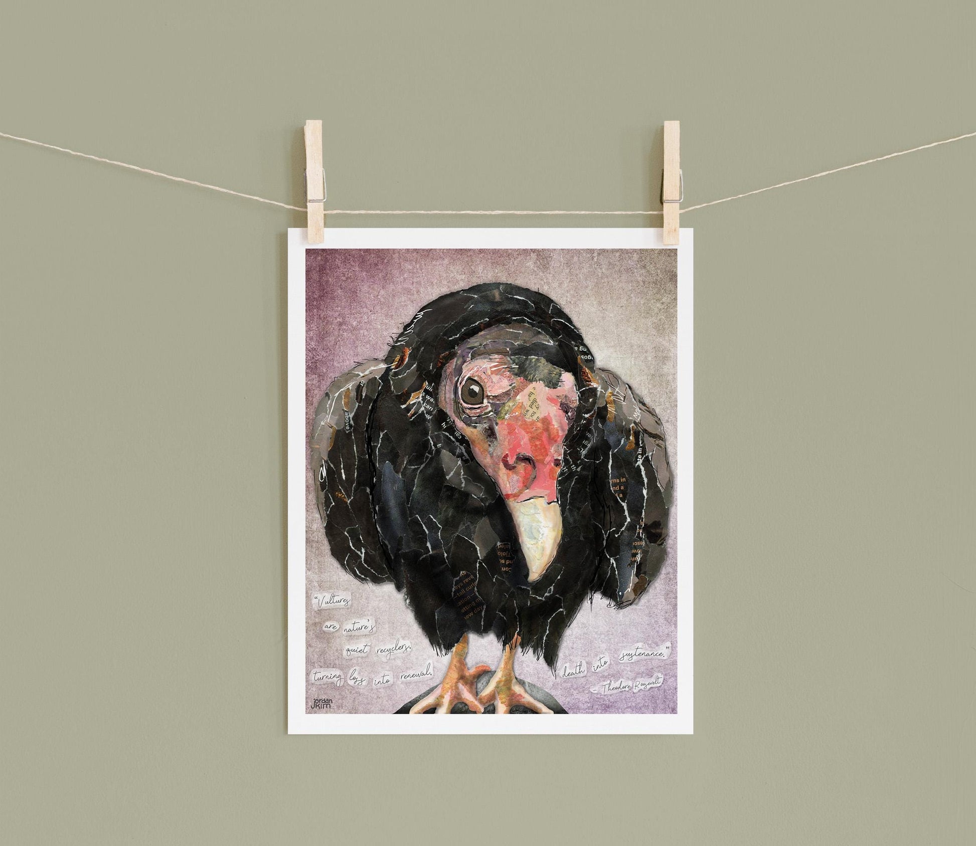 8x10 Art Print of a mixed media collage of a turkey vulture perched on a stone and inspirational quote about vultures by Theodore Roosevelt