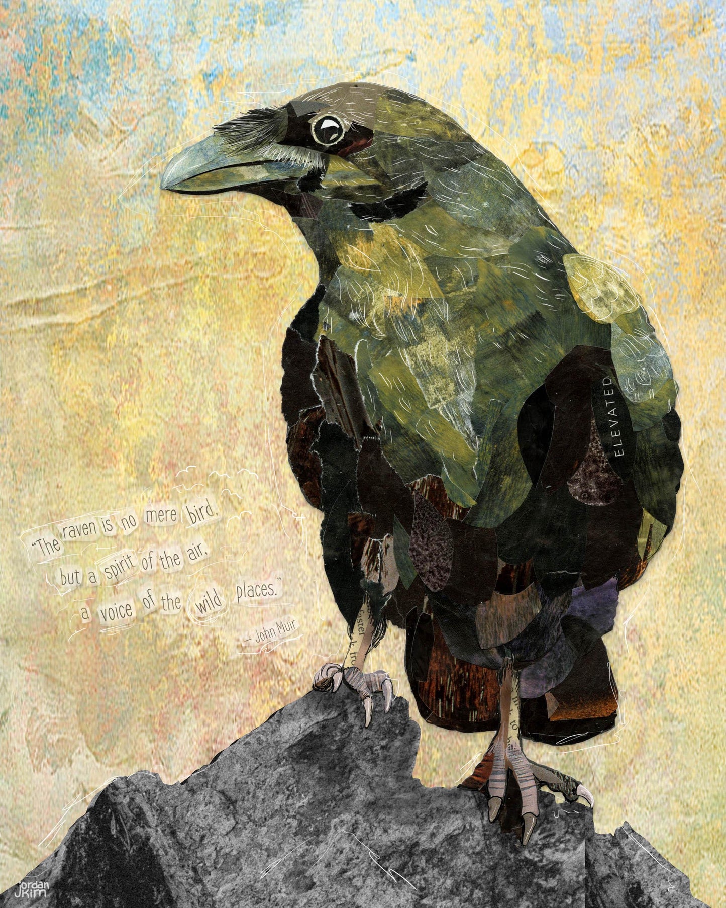 Greeting Card of mixed media collage of a black green raven perched on a rock and inspirational quote about ravens - Blank Inside