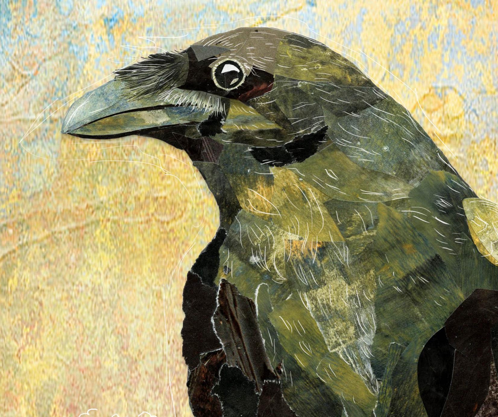 Greeting Card of mixed media collage of a black green raven perched on a rock and inspirational quote about ravens - Blank Inside