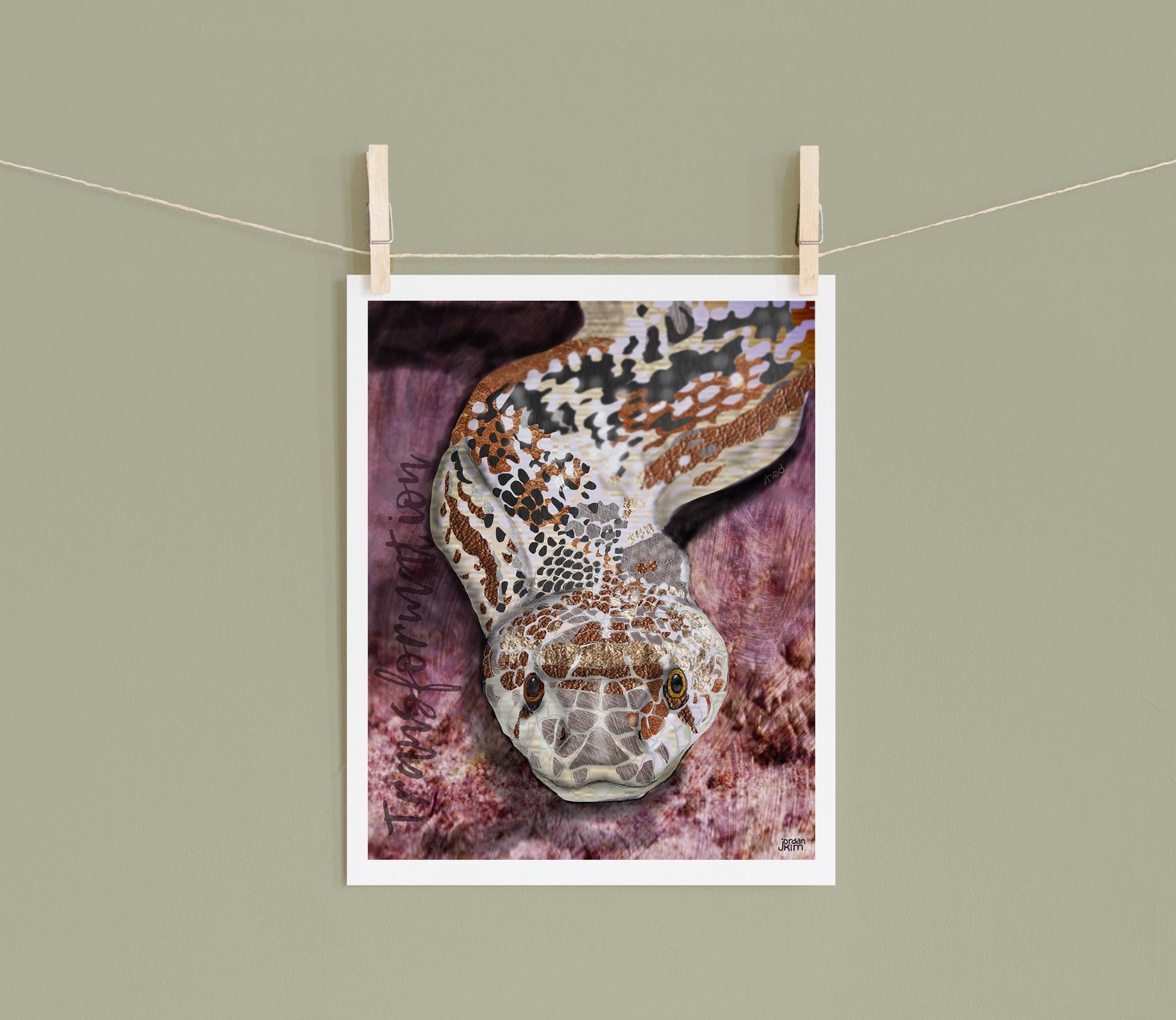 8x10 Art Print of a mixed media collage of a gopher snake with a purple background, transformation