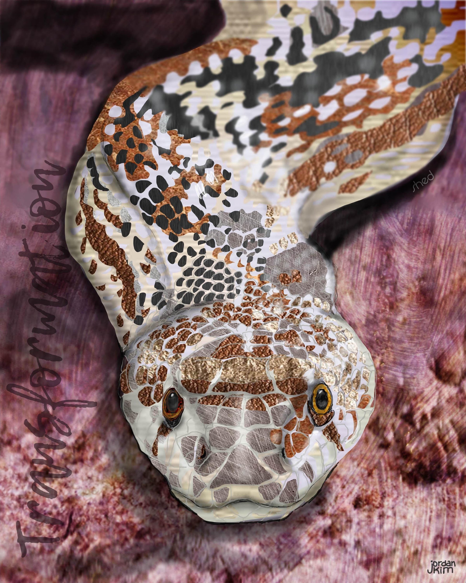 8x10 Art Print of a mixed media collage of a gopher snake with a purple background, transformation